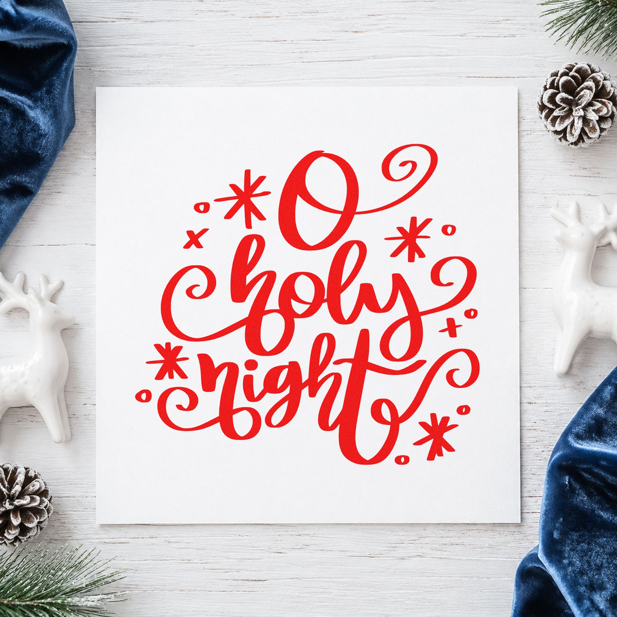 O Holy Night Flourishes rubber stamp shown in red ink, stamped for projects such as midnight notes.