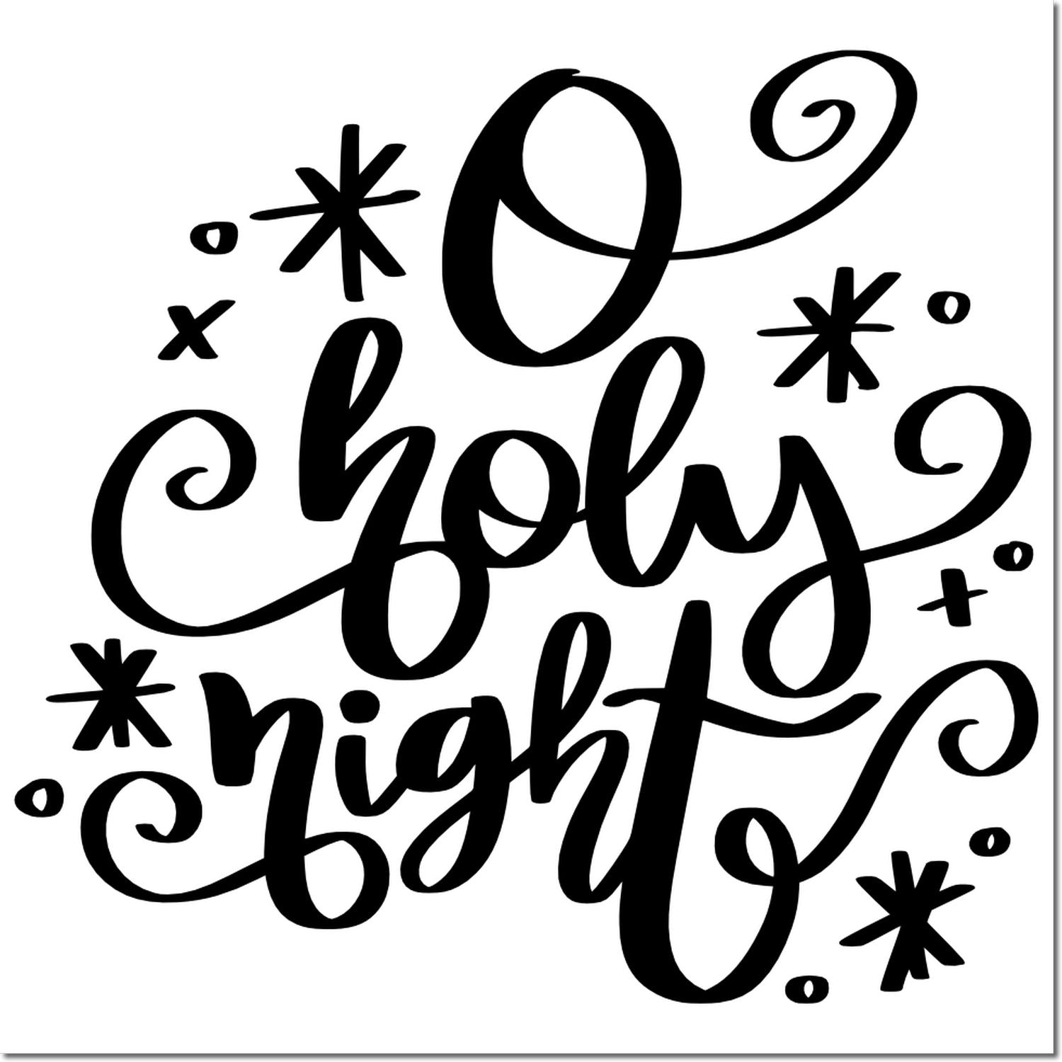 Oh Holy Night decorative Christmas rubber stamp design with elegant script, swirls and stars for holiday cards and crafts