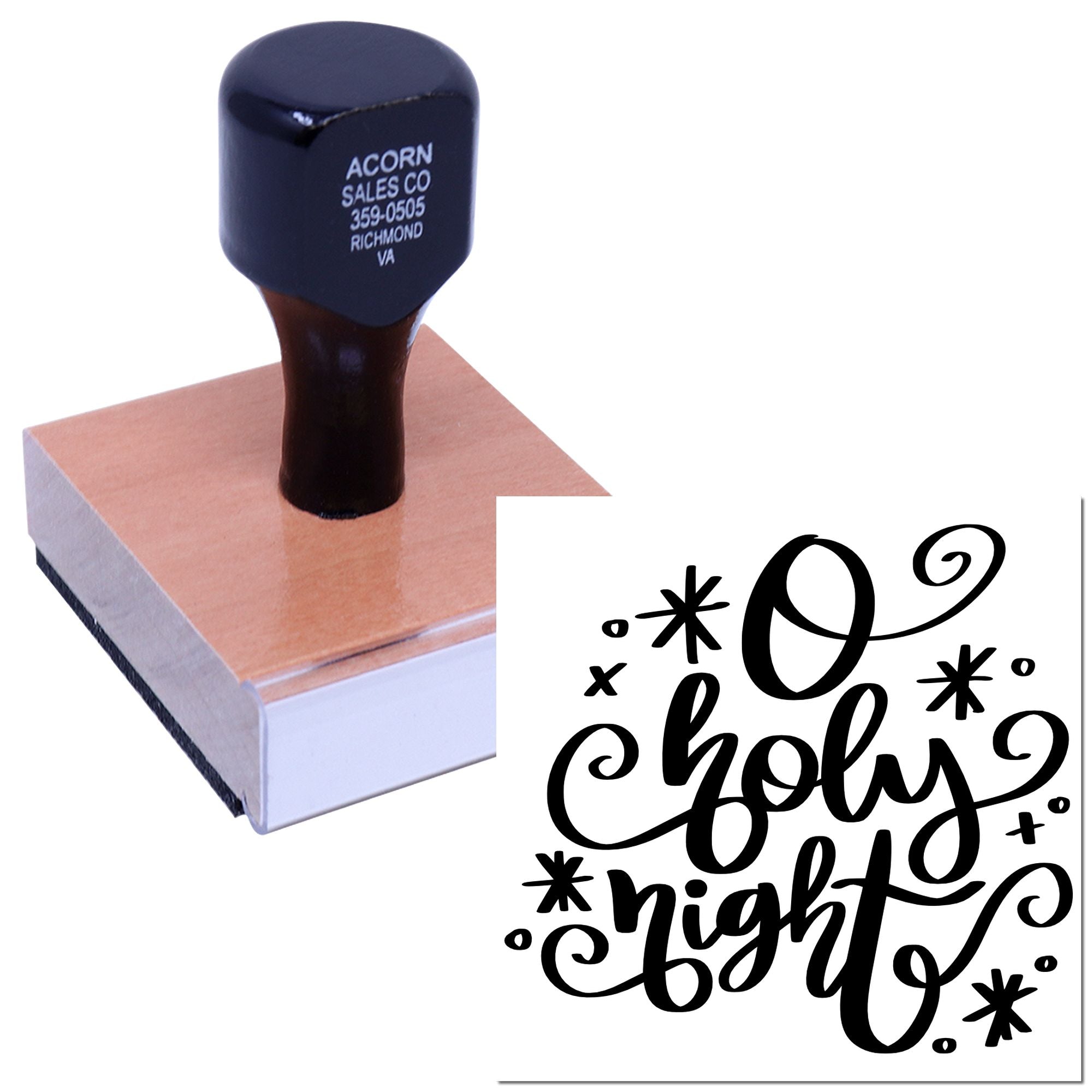 Custom rubber stamp with Holy Night Christmas design, shown on a wood-mounted block for holiday card stamping.