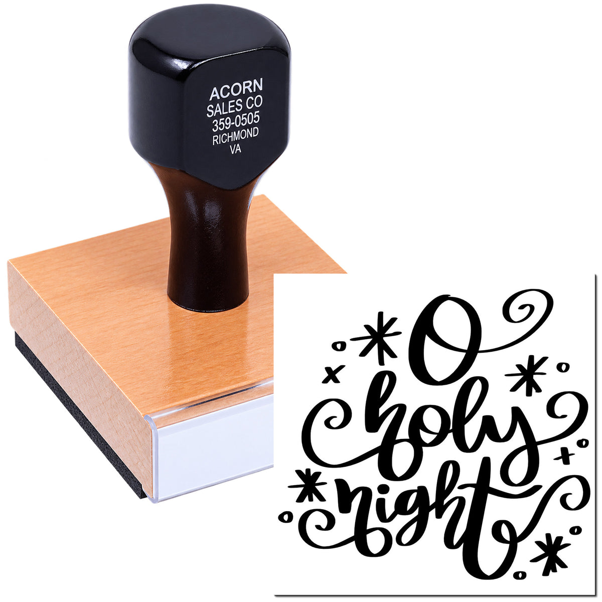 Custom rubber stamp with Holy Night Christmas design, shown on a wood-mounted block for holiday card stamping.