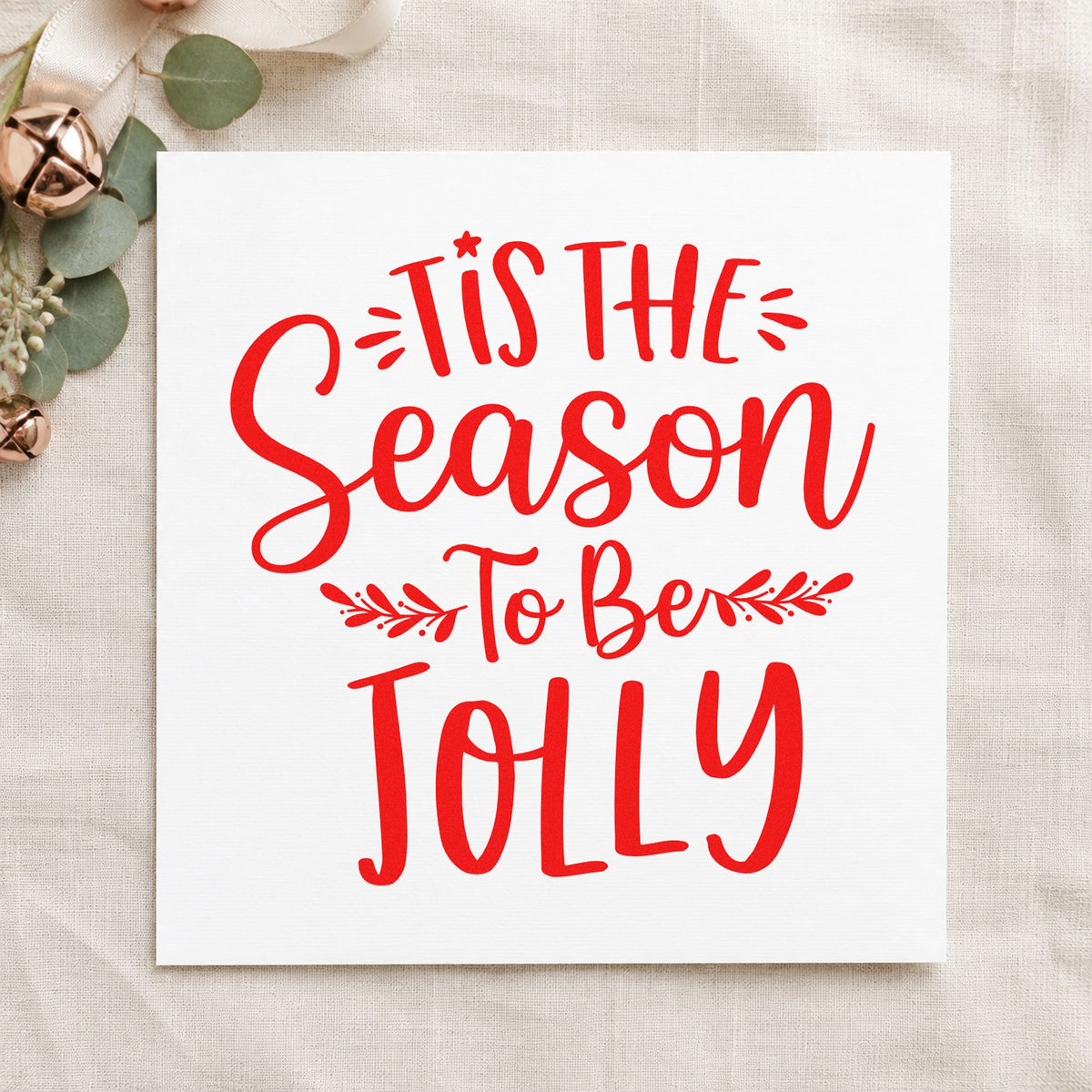 Tis Season To Be Jolly Sprigs craft stamp in red ink on cardstock, an easy option for garland tie panels.