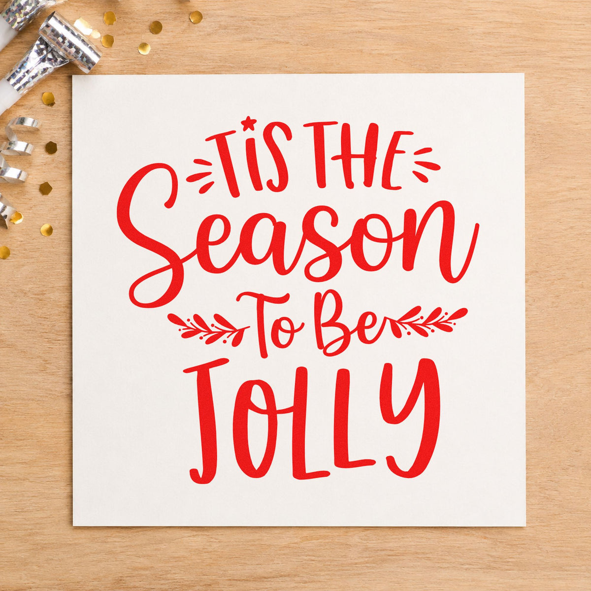 Tis Season To Be Jolly Sprigs rubber stamp shown in red ink, stamped for projects such as workshop day notes.