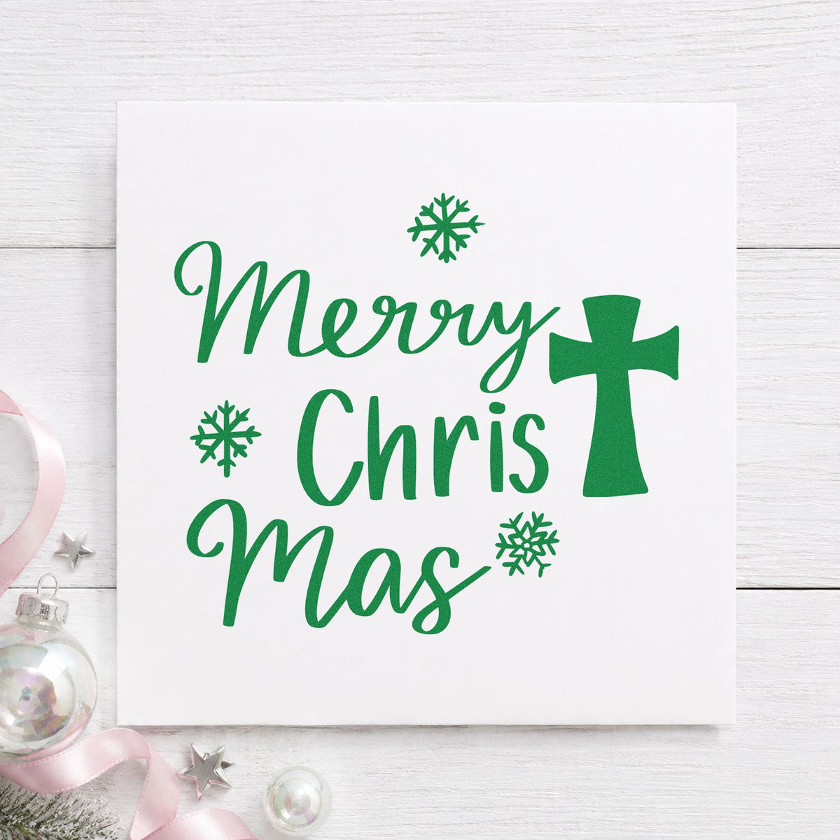 Merry Christmas Cross craft stamp imprinted in green ink on paper, a design suited to framed narthex art.