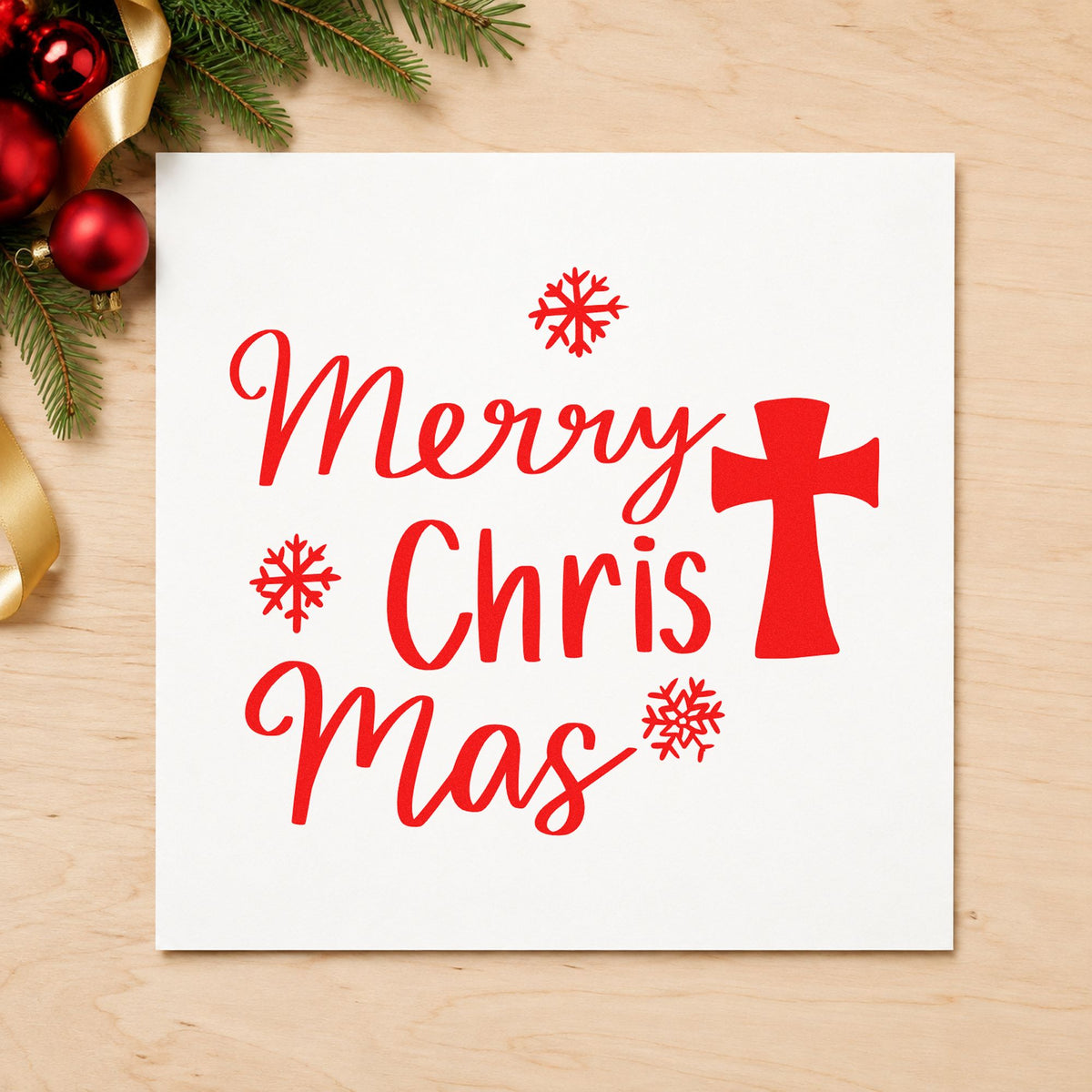 Merry Christmas Cross rubber stamp shown in red ink, stamped for projects such as offering envelope seals.