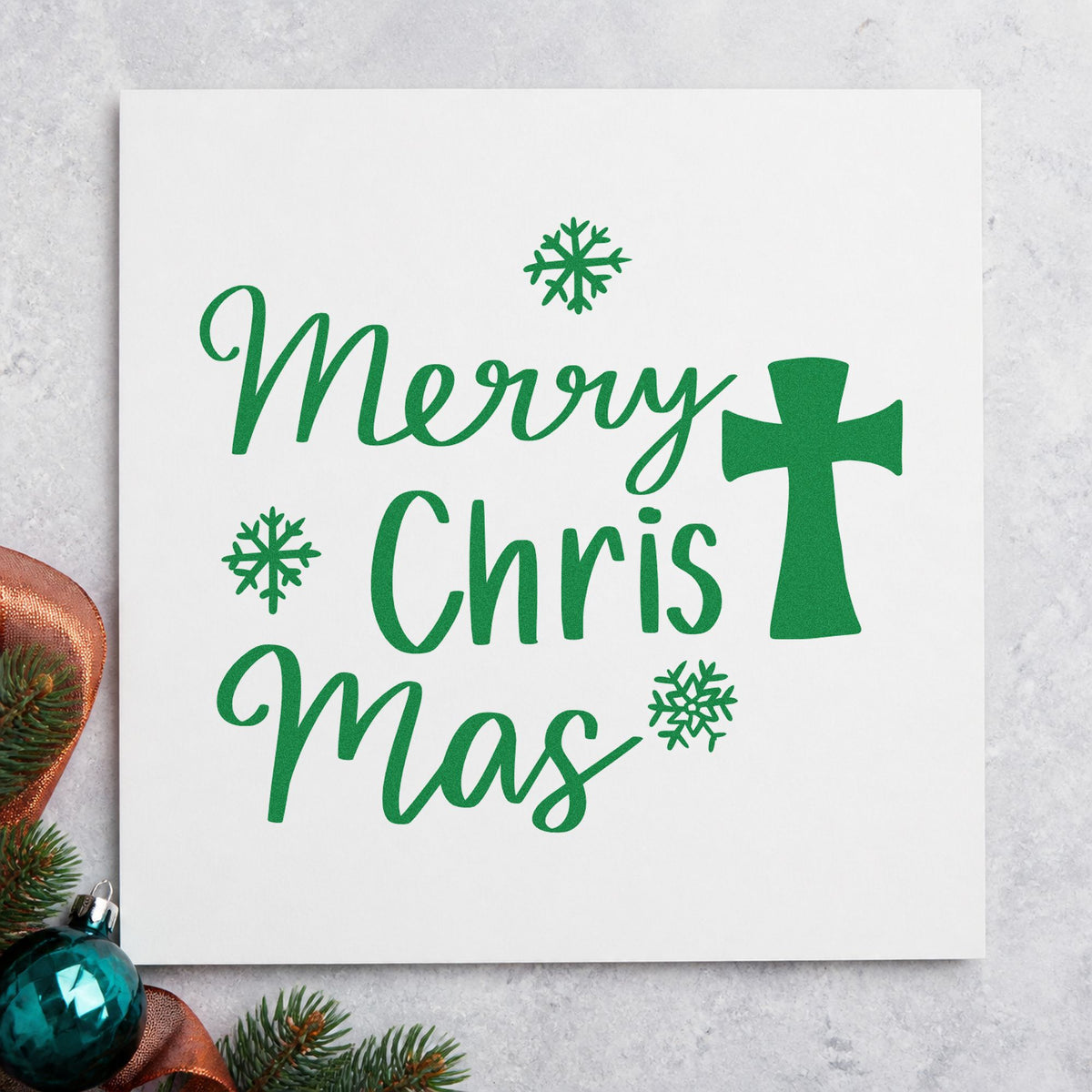 Merry Christmas Cross craft stamp imprint in green ink on a handmade project, one idea being candlelight programs.