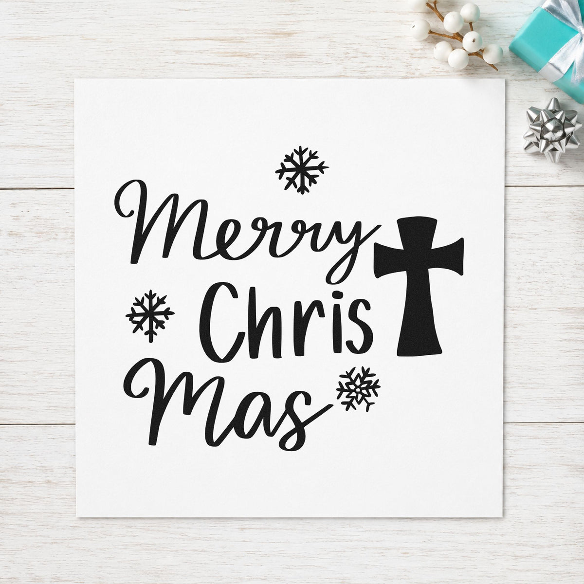 Merry Christmas Cross rubber stamp printed in black ink, ready for cross snowflake cards and similar paper crafts.