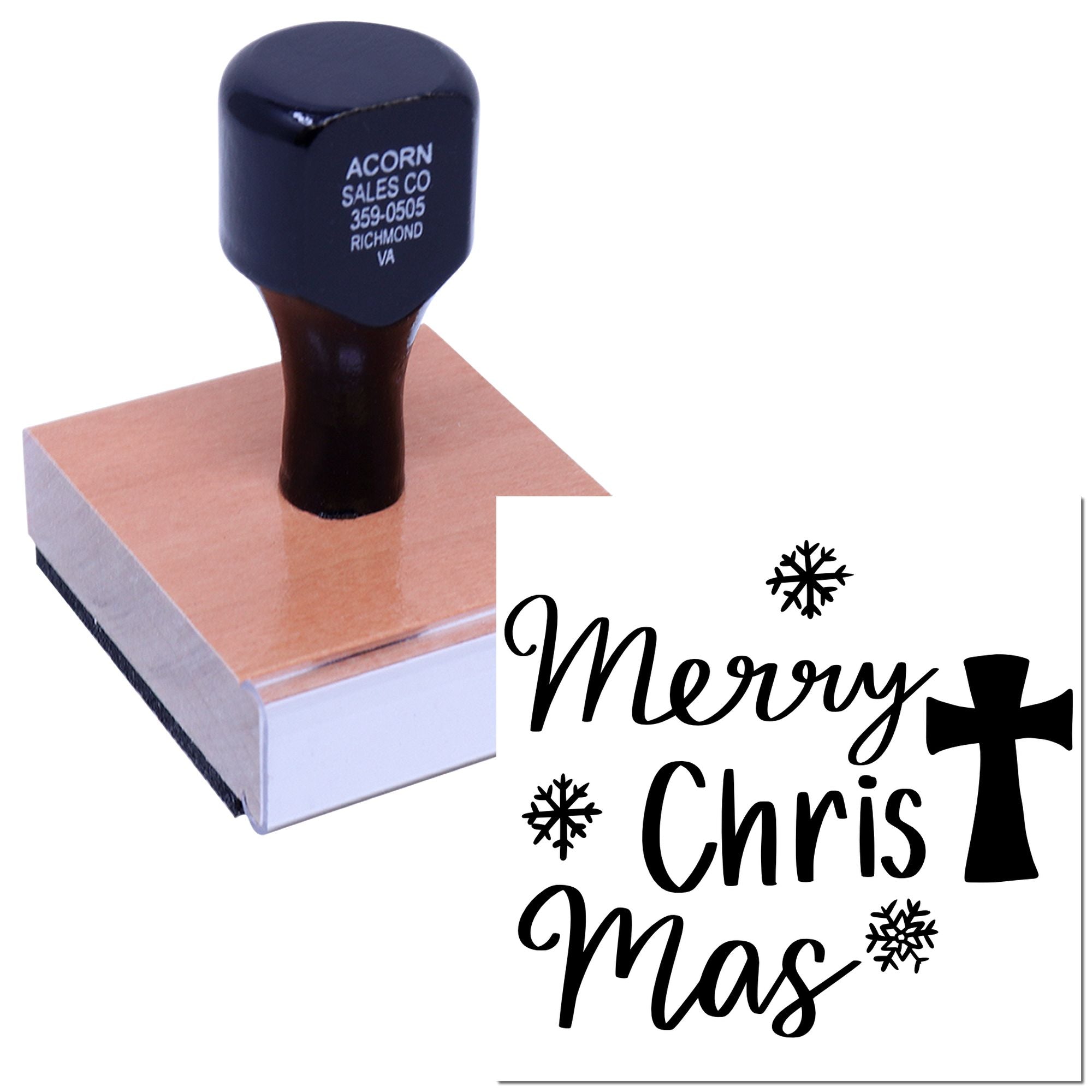 Custom Christmas rubber stamp with Merry Christmas design, snowflakes, and cross on a wooden mount.