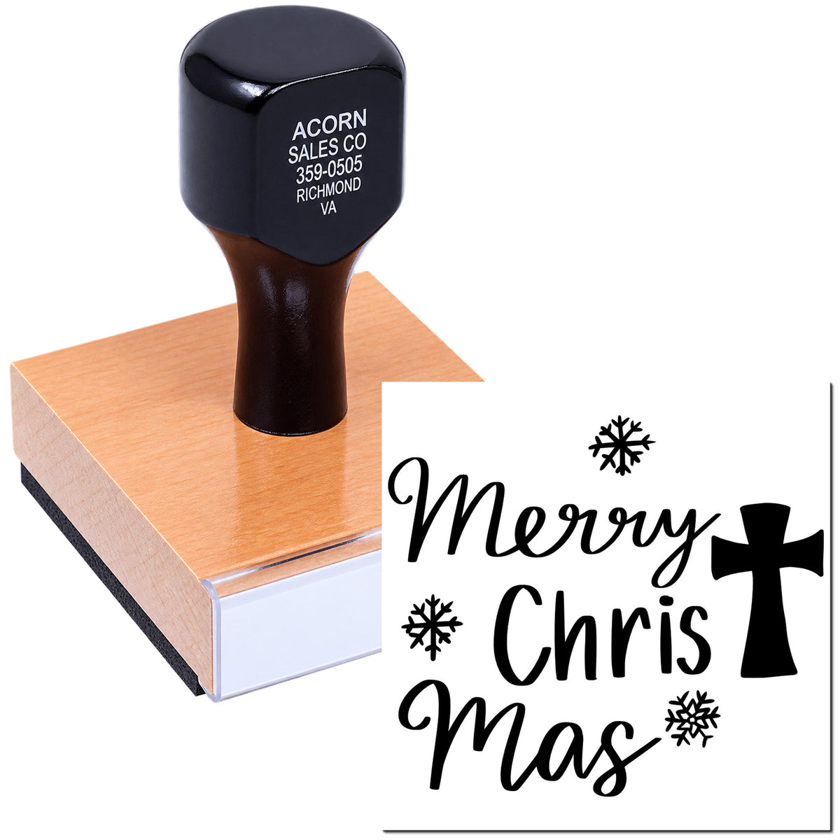 Custom Christmas rubber stamp with Merry Christmas design, snowflakes, and cross on a wooden mount.