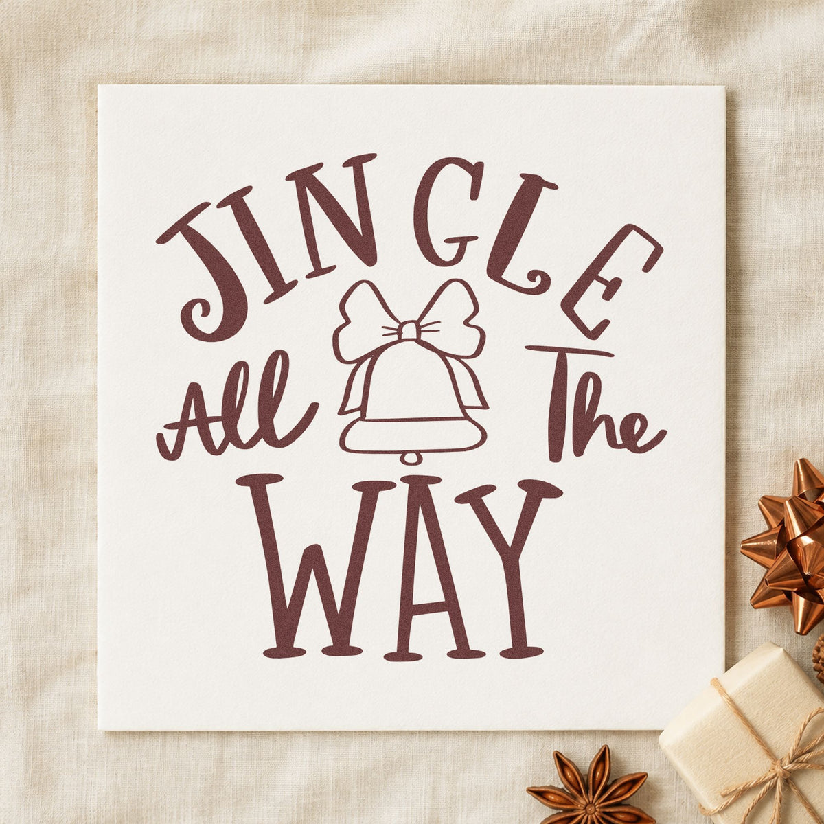 Jingle All The Way Bell rubber stamp printed in brown ink, ready for music class planners and similar paper crafts.