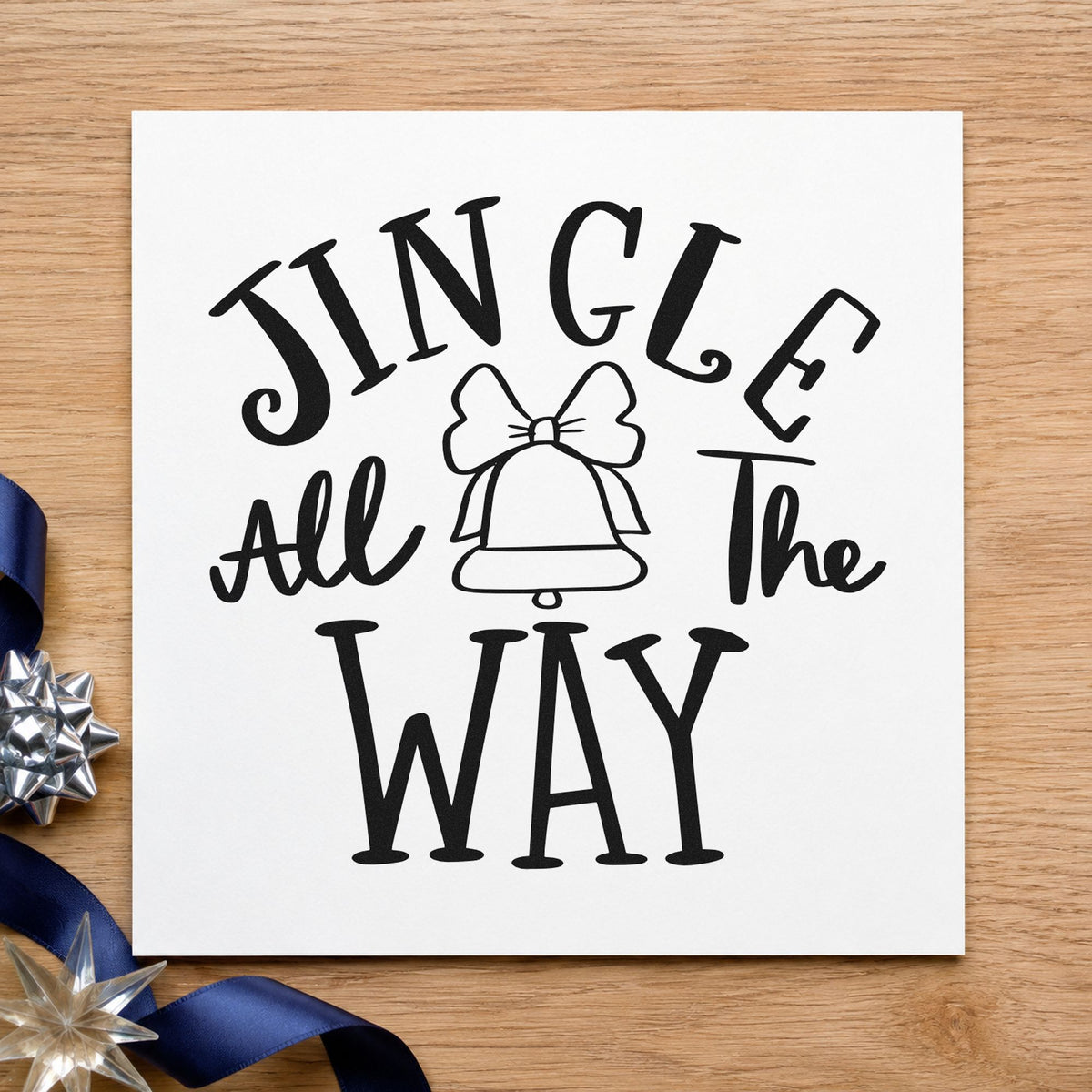 Jingle All The Way Bell rubber stamp printed in black ink, ready for bell bow cards and similar paper crafts.