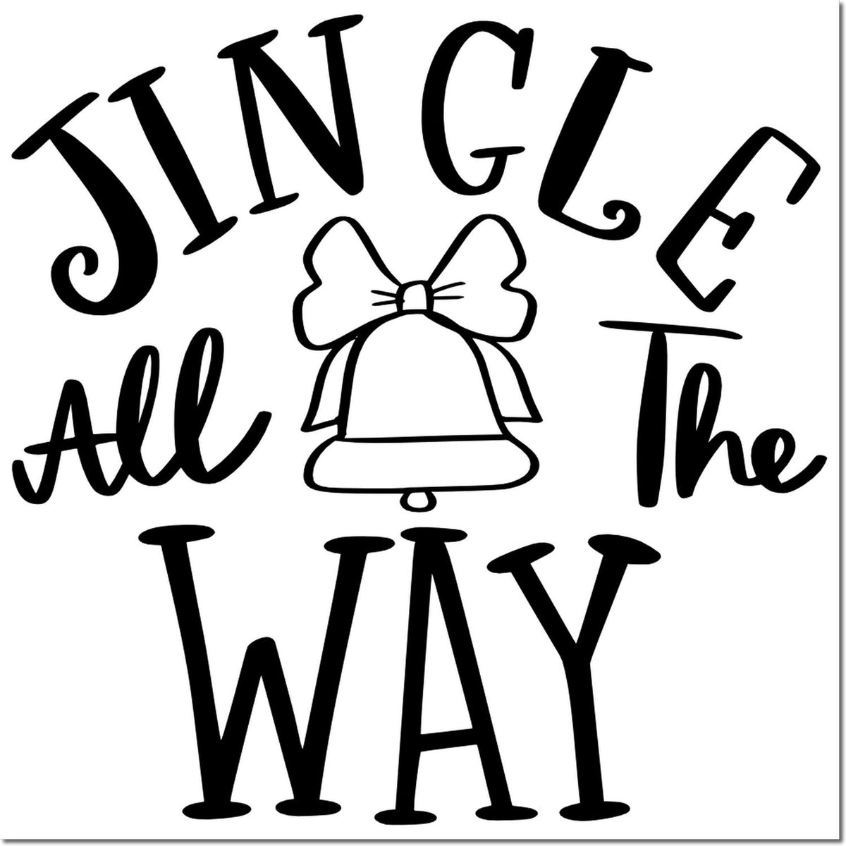 Jingle All the Way Christmas rubber stamp design with bell and bow, festive holiday sentiment for card making.