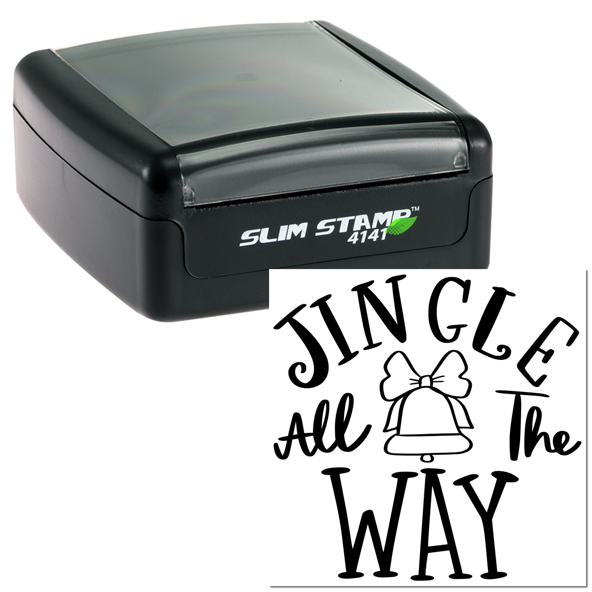 Custom self-inking rubber stamp with "Jingle All the Way" holiday design for festive cards, tags, and gift packaging.