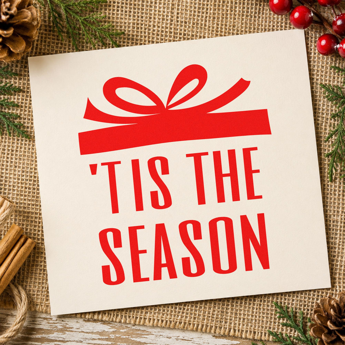 Tis The Season Gift rubber stamp shown in red ink, stamped for projects such as wax seal envelopes.