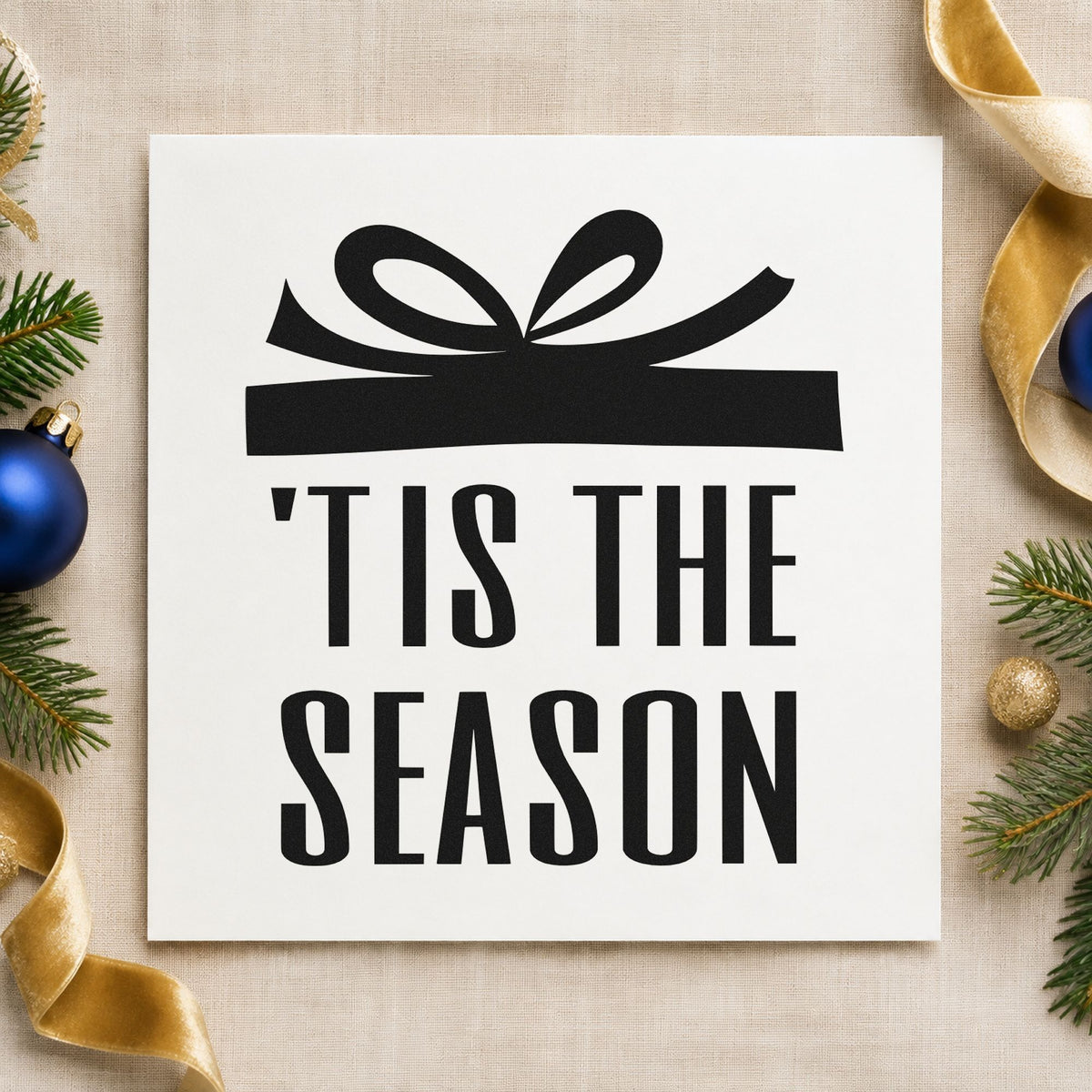 Tis The Season Gift rubber stamp printed in black ink, ready for bow crown cards and similar paper crafts.