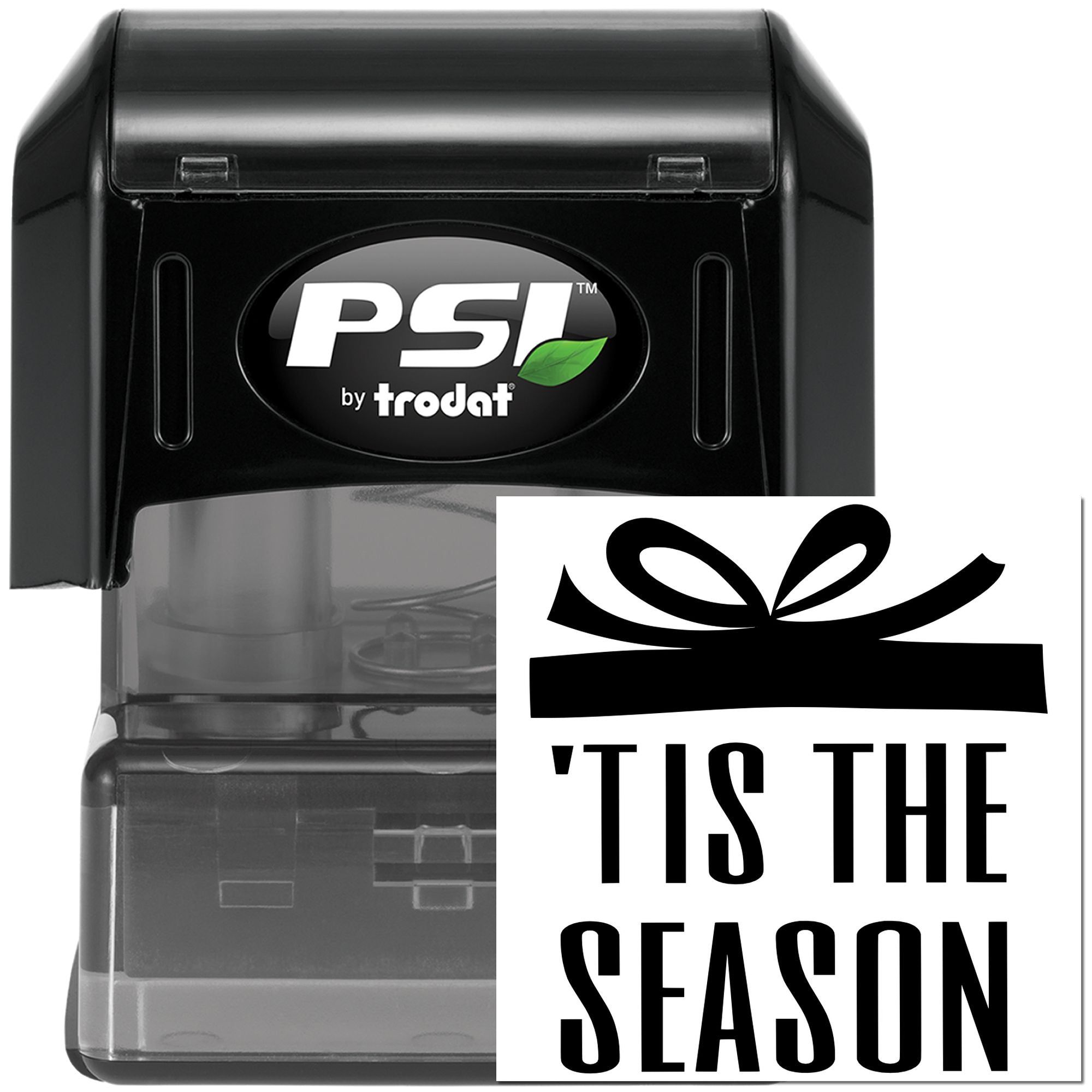 Self-inking rubber stamp with Tis the Season design for festive cards, gift wrap, and holiday packaging.
