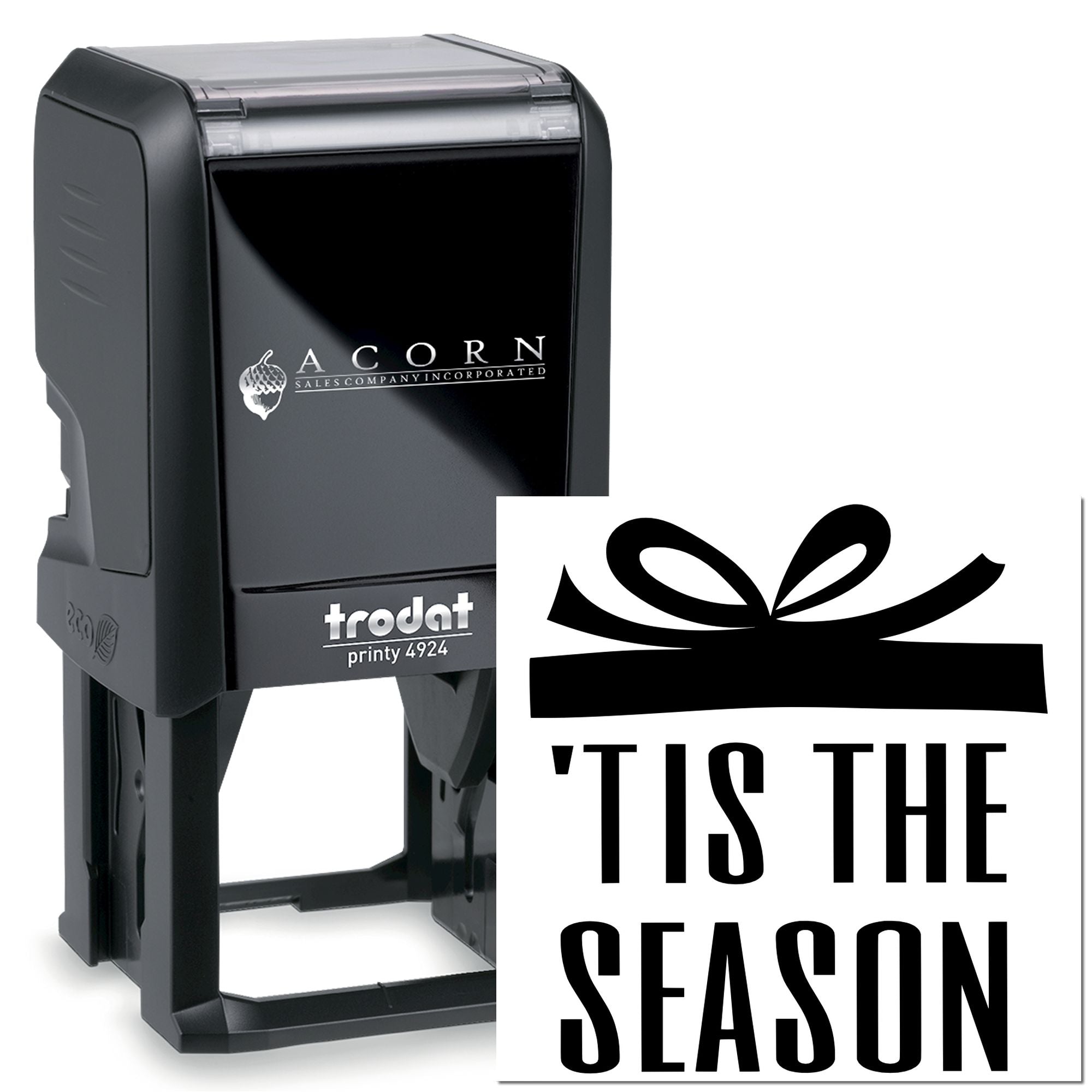 Custom self-inking rubber stamp with "Tis the Season" holiday gift design for festive cards, packaging, and craft projects.
