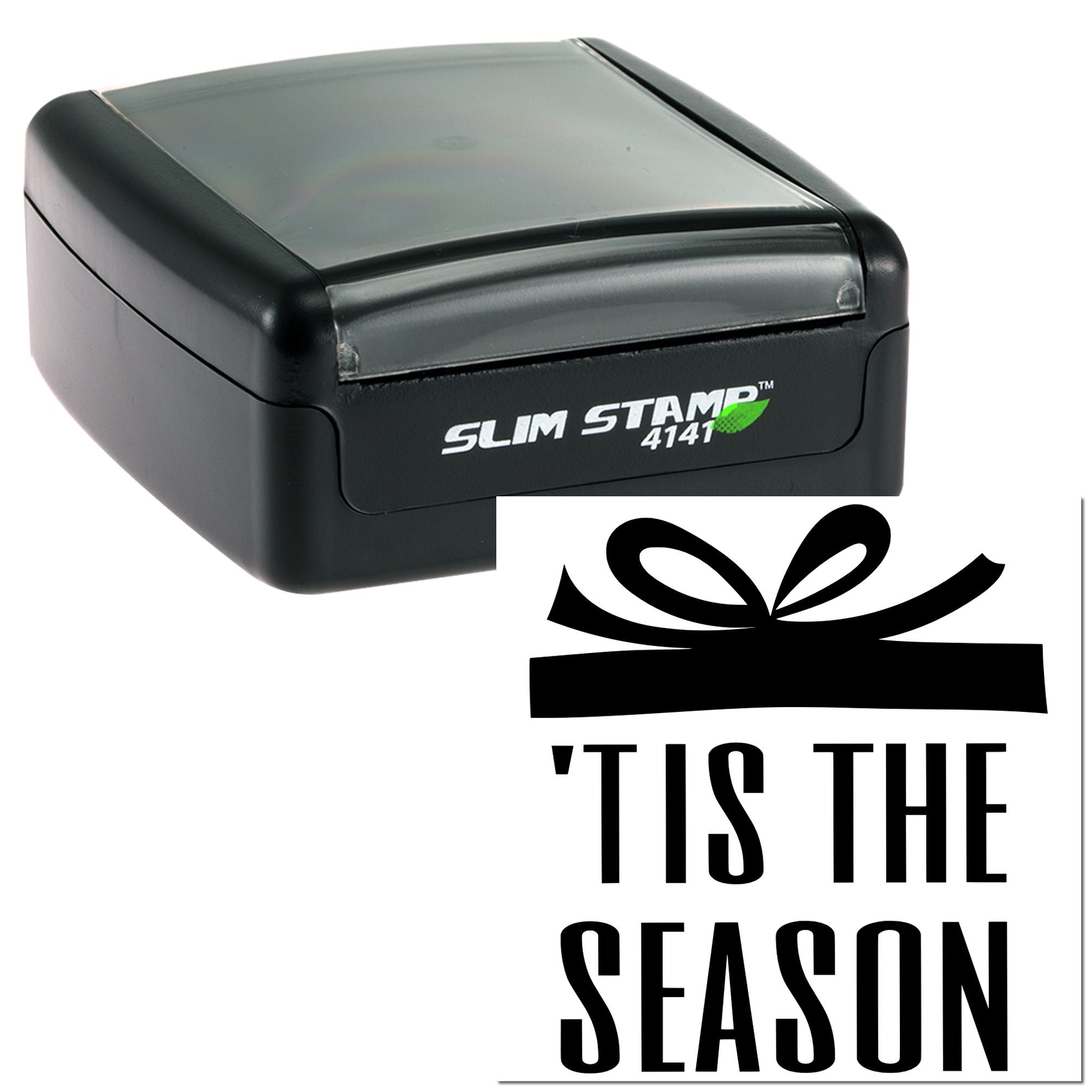 Self-inking rubber stamp with bow graphic and Tis the Season message for holiday cards and festive packaging.