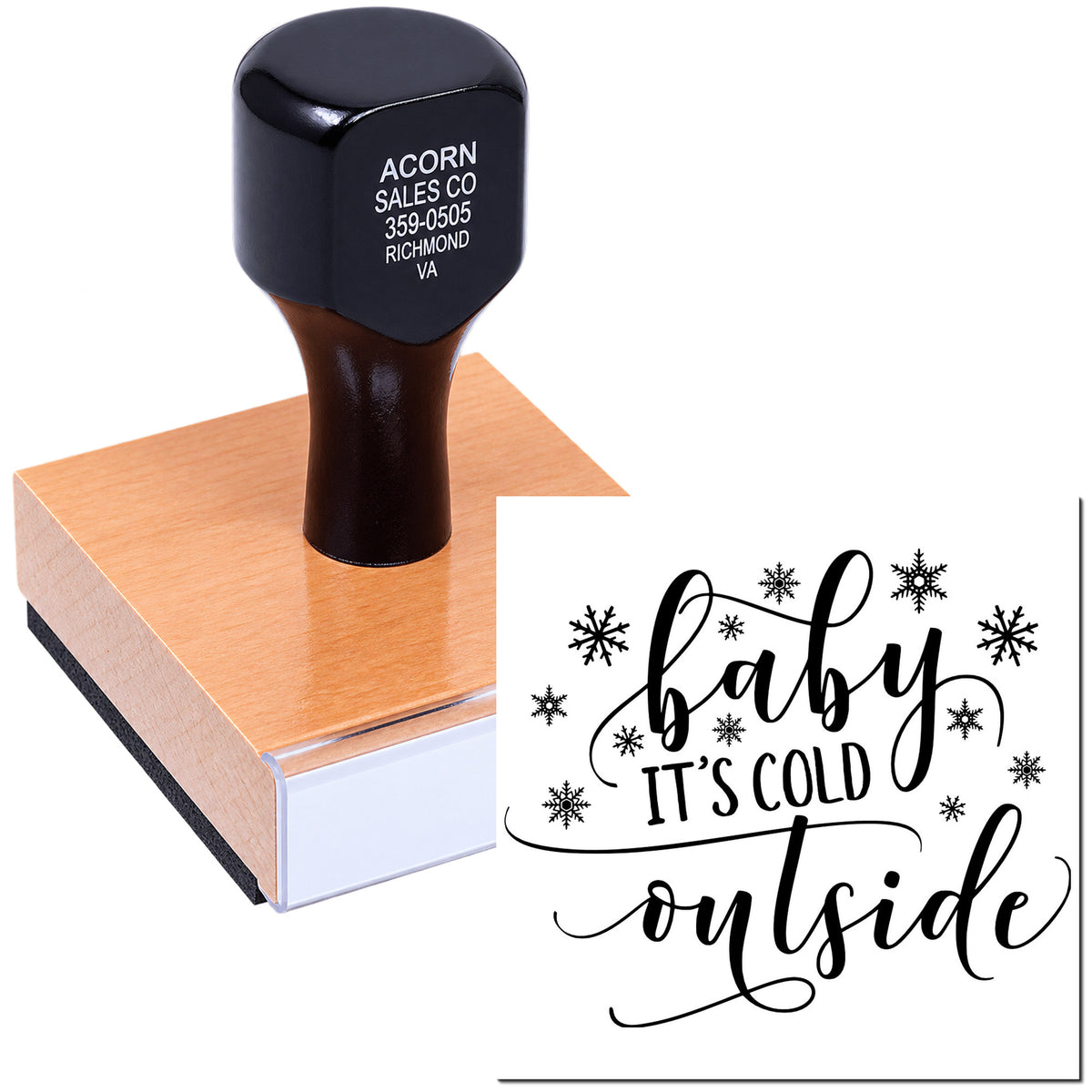 Custom rubber stamp with Baby Its Cold Outside winter quote and snowflakes for holiday cards and crafts.