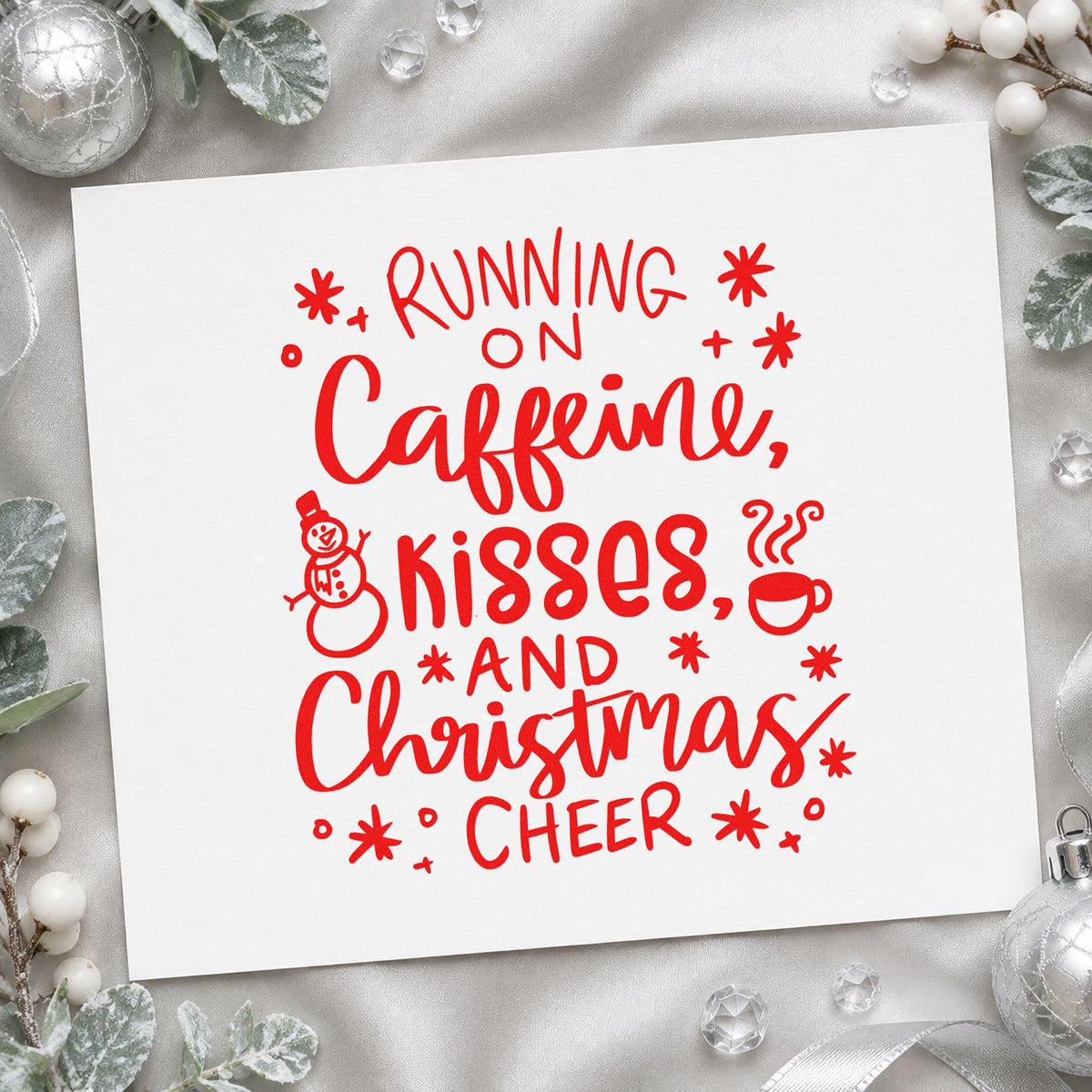 Caffeine Kisses Christmas Cheer craft stamp in red ink on cardstock, an easy option for apron chest print.