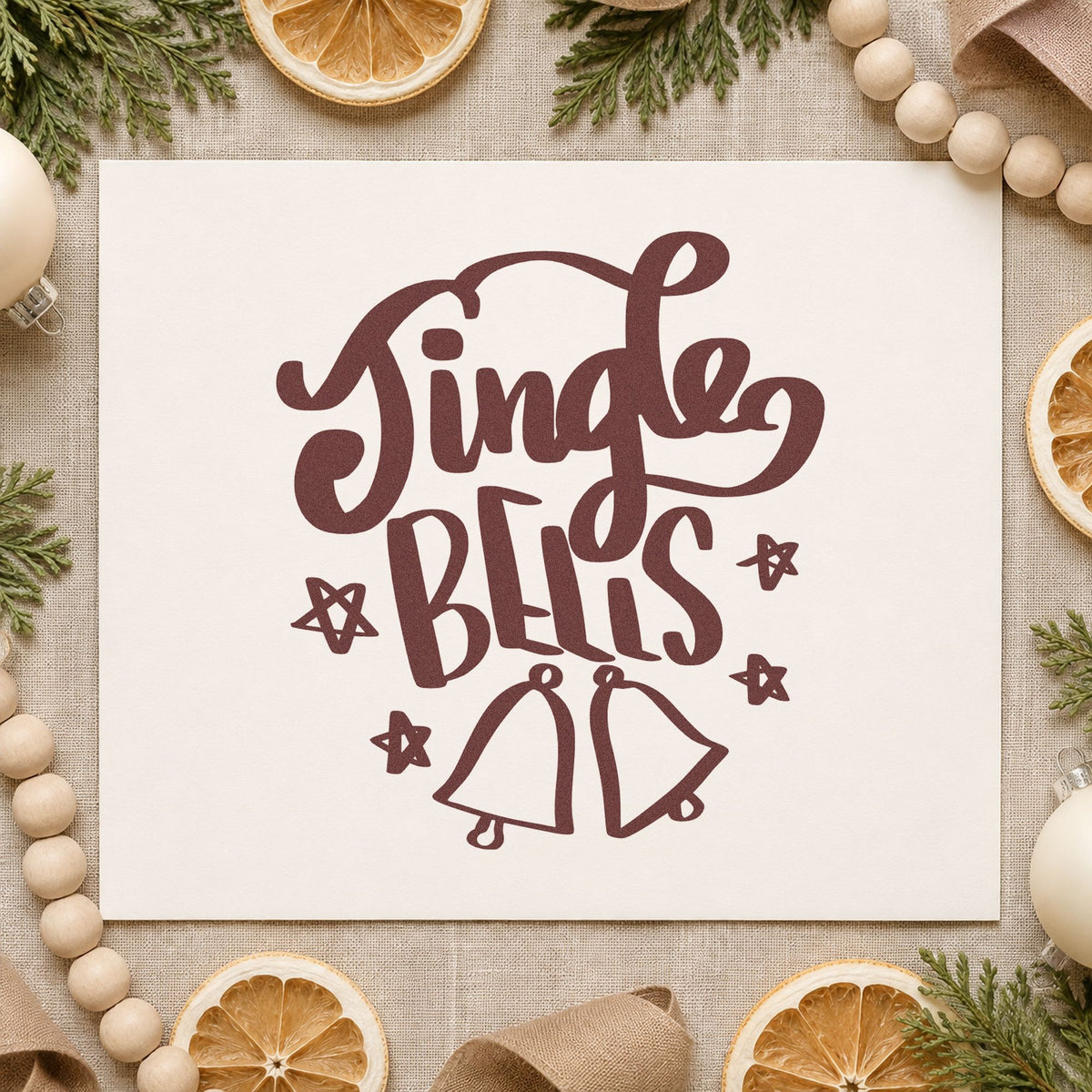 Jingle Bells With Bells rubber stamp printed in brown ink, ready for star punch cards and similar paper crafts.