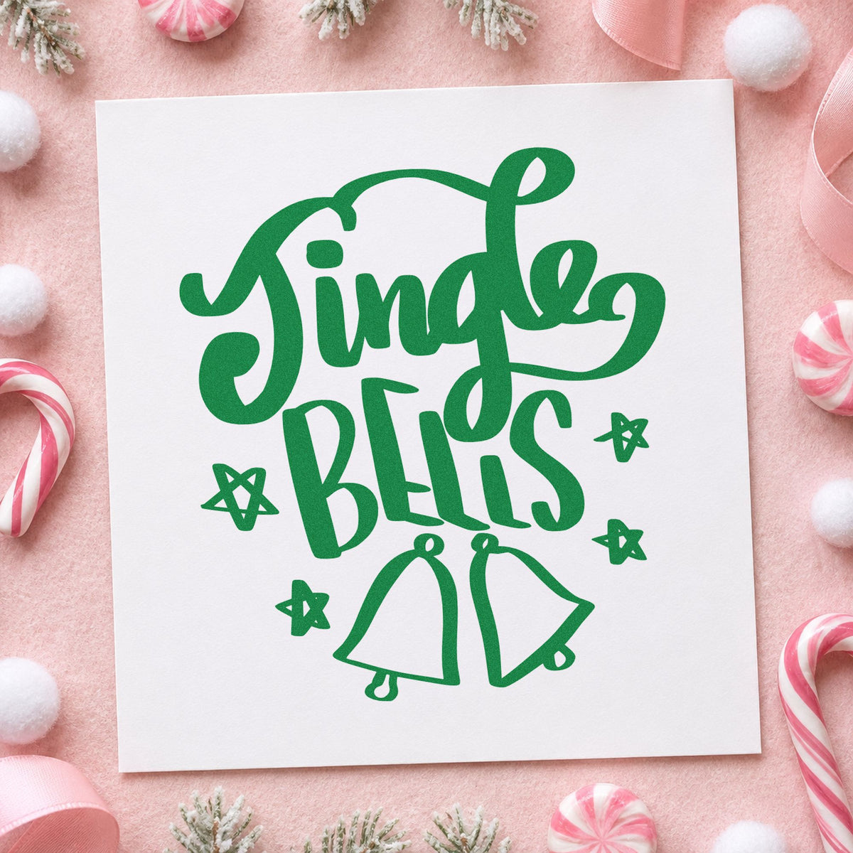 Jingle Bells With Bells craft stamp imprint in green ink on a handmade project, one idea being ringers rehearsal log.