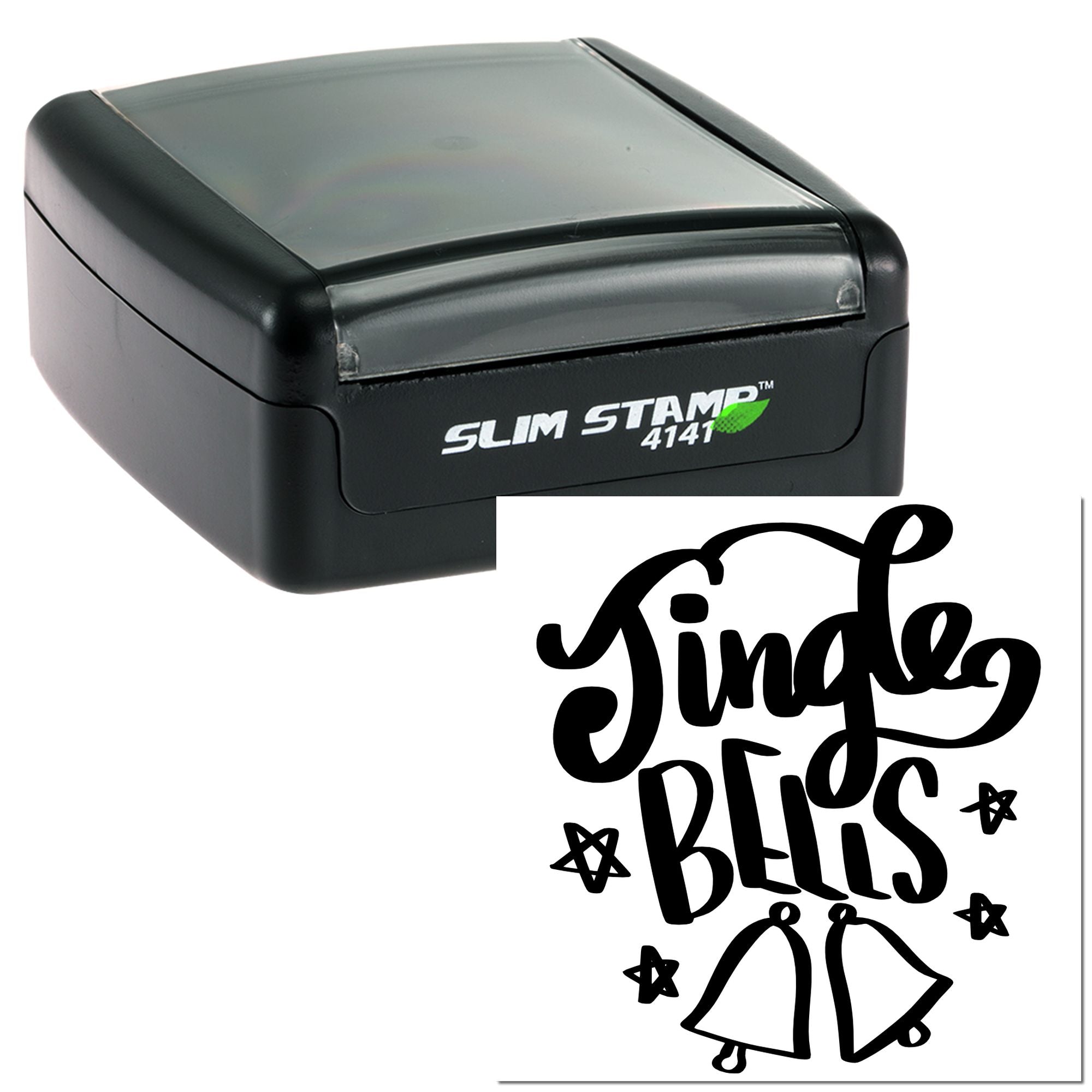 Self-inking rubber stamp with Jingle Bells design, ideal for holiday crafts, cards, and festive packaging.