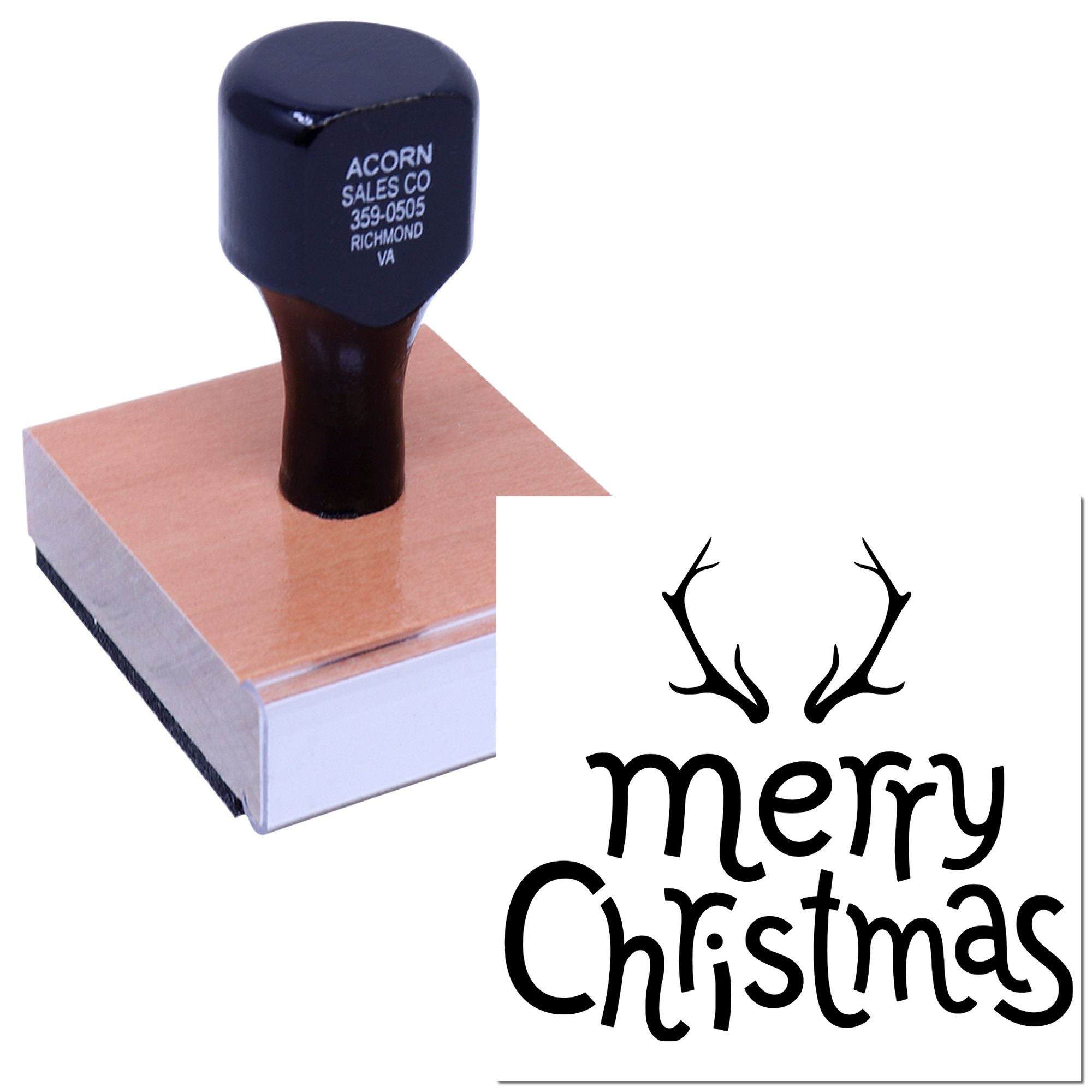 Custom Merry Christmas rubber stamp with antler logo, ideal for holiday cards, gift tags, and seasonal packaging.