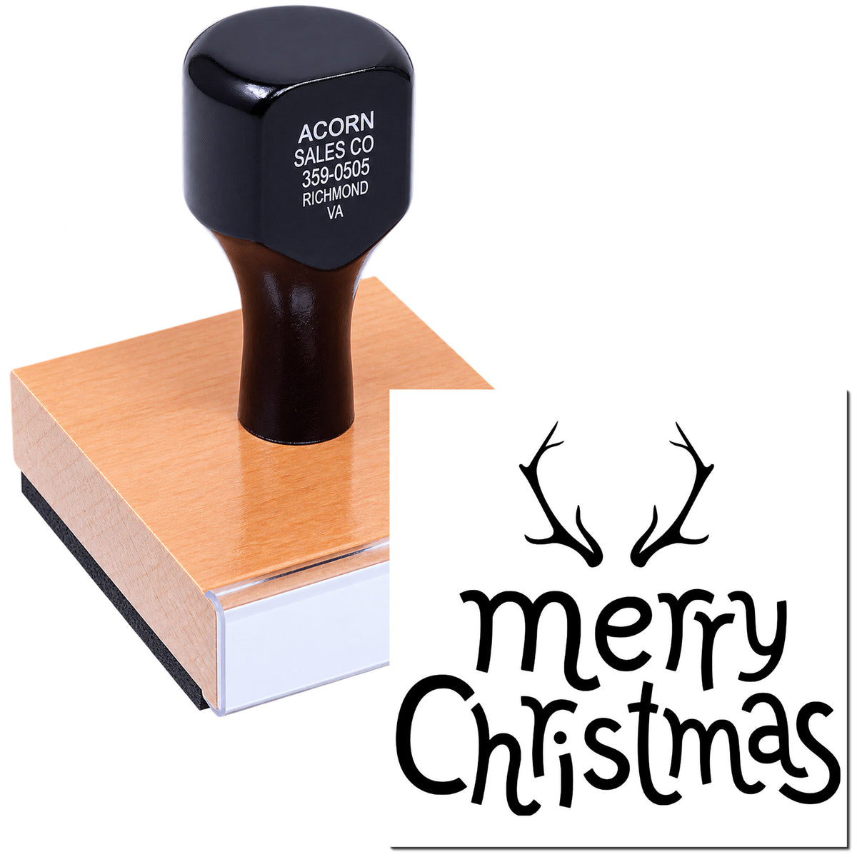 Custom Merry Christmas rubber stamp with antler logo, ideal for holiday cards, gift tags, and seasonal packaging.