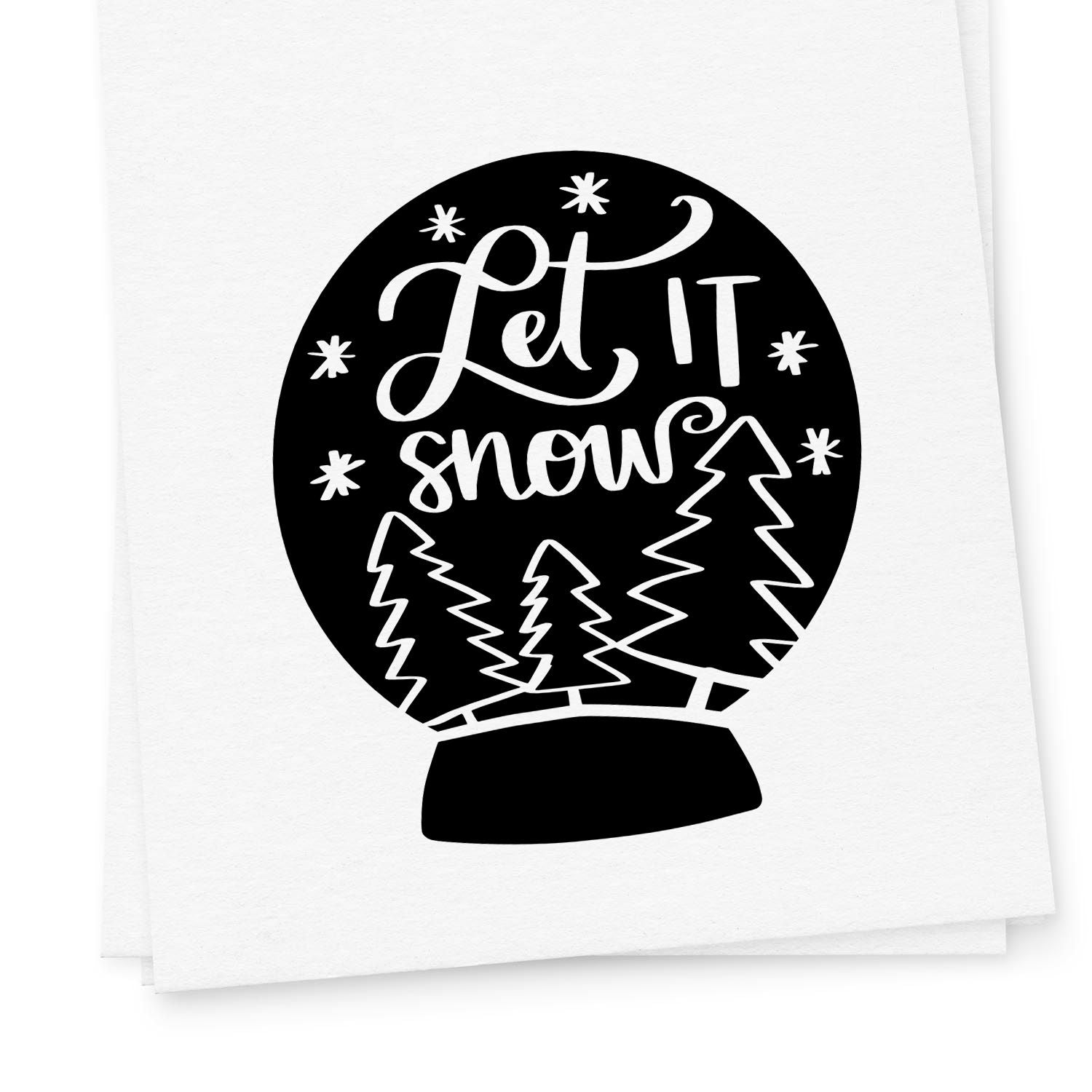 Let It Snow Christmas rubber stamp with snow globe and pine trees for holiday cards and winter crafts.