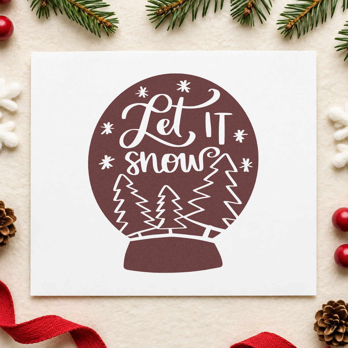Let It Snow Snow Globe rubber stamp printed in brown ink, ready for weather log pages and similar paper crafts.