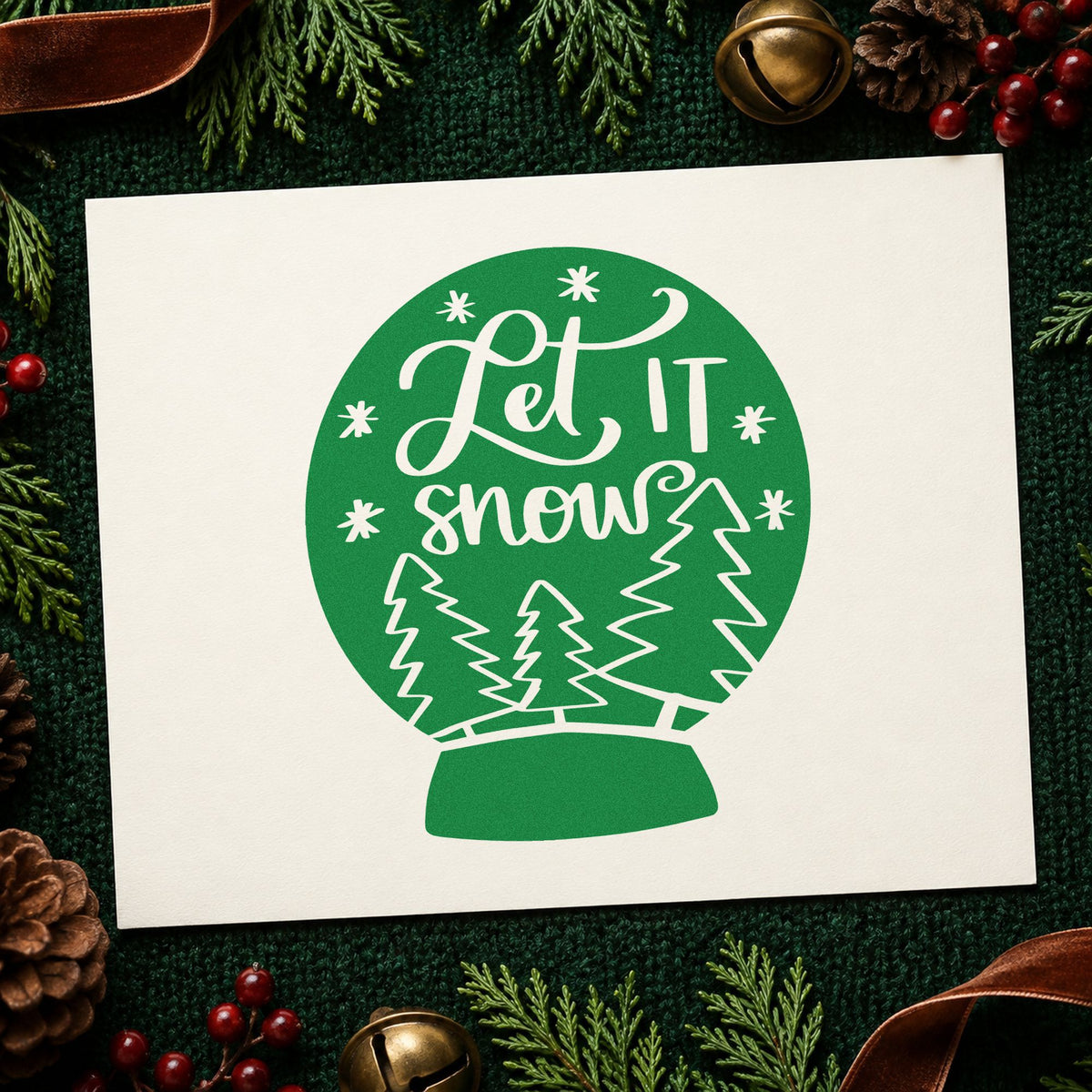 Let It Snow Snow Globe craft stamp imprinted in green ink on paper, a design suited to framed mudroom sign.