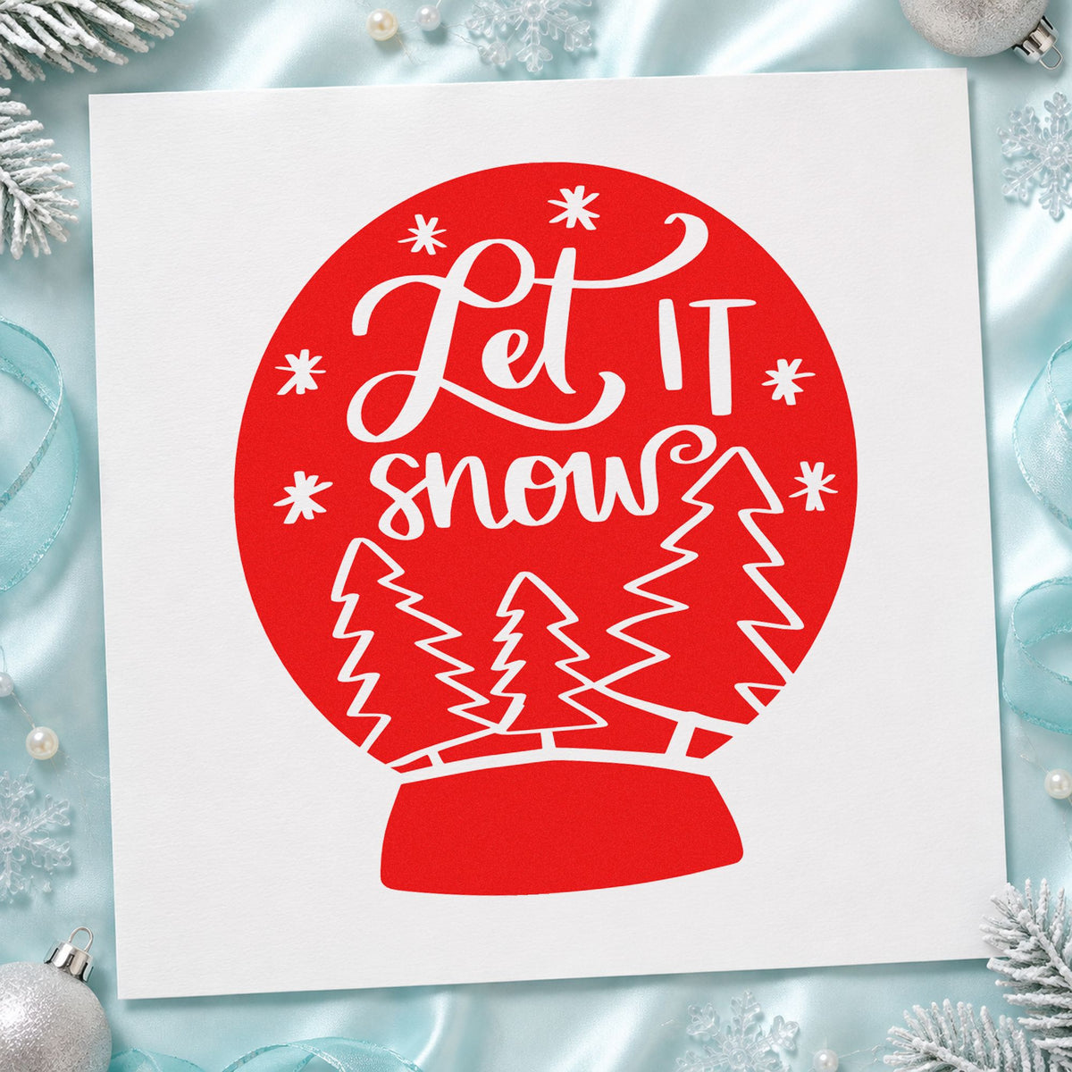 Let It Snow Snow Globe rubber stamp shown in red ink, stamped for projects such as soup jar labels.