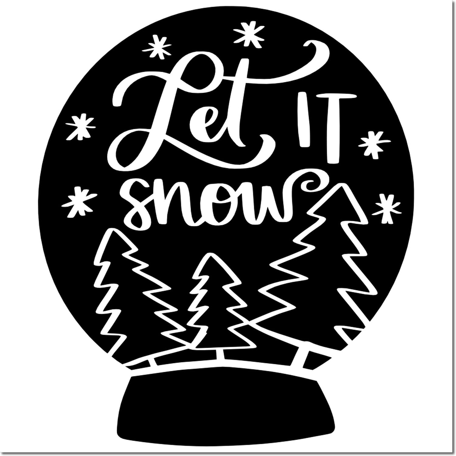 Let It Snow snow globe rubber stamp design with pine trees and stars, festive winter holiday craft image.