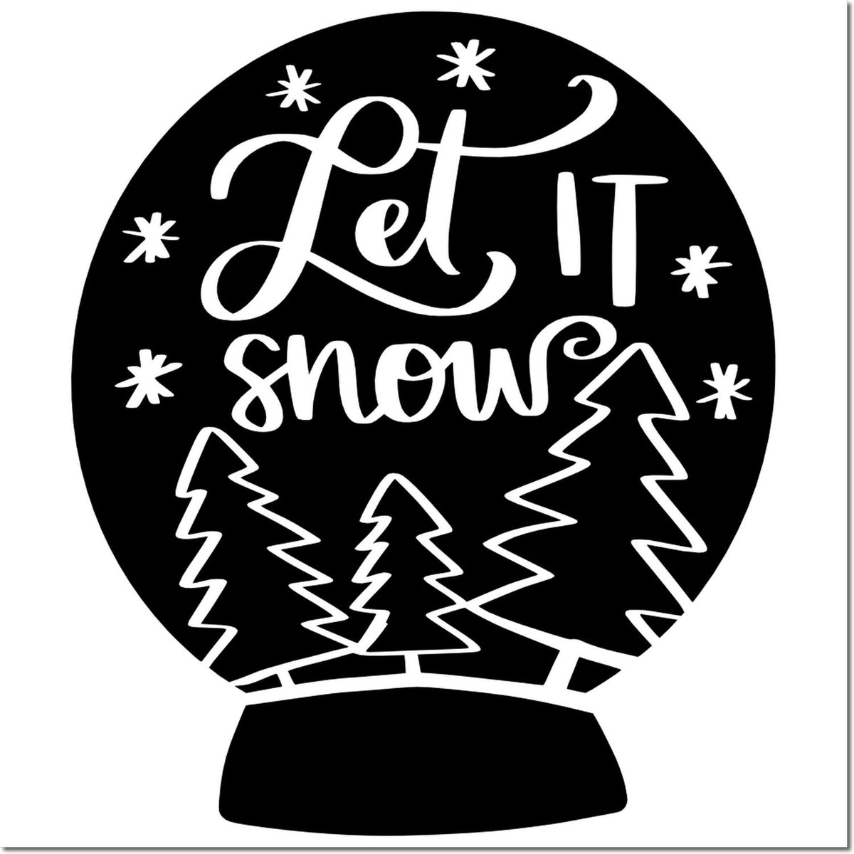 Let it snow snow globe rubber stamp design with pine trees, perfect for winter holiday cards and festive crafting.