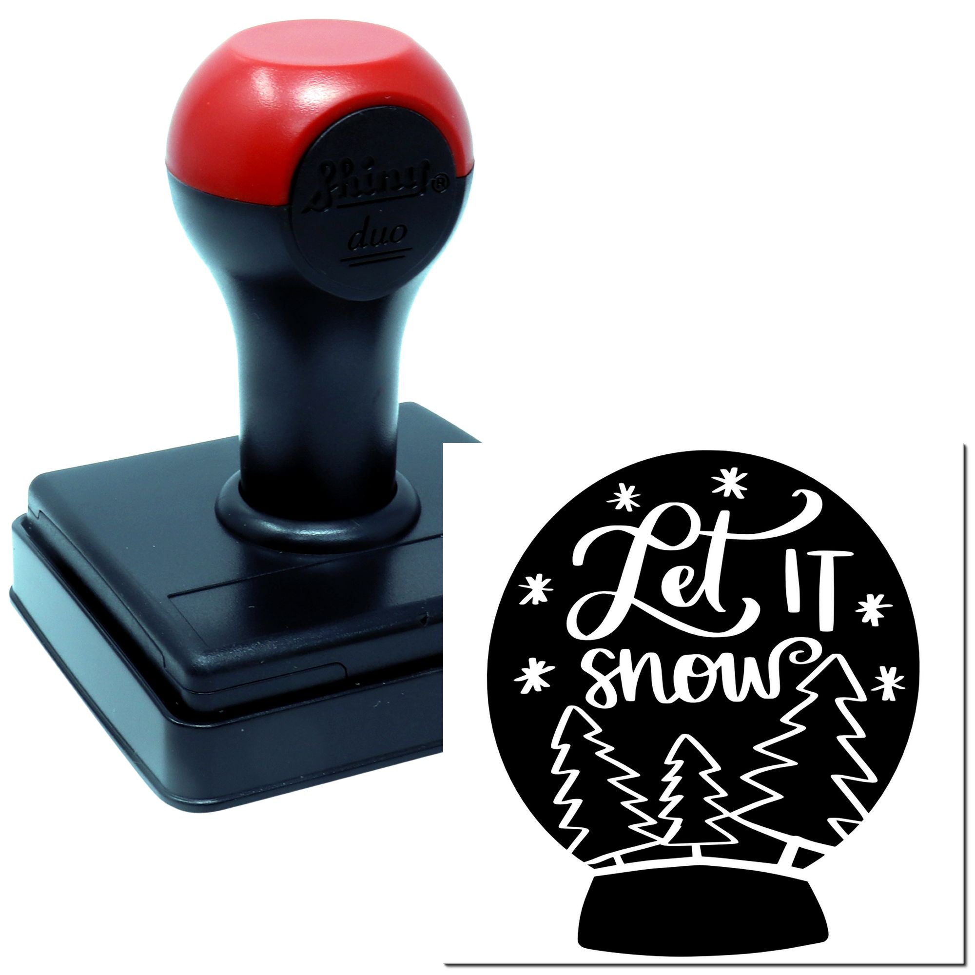 Custom self-inking rubber stamp with Let It Snow winter design, snowflakes and pine trees for holiday crafts.