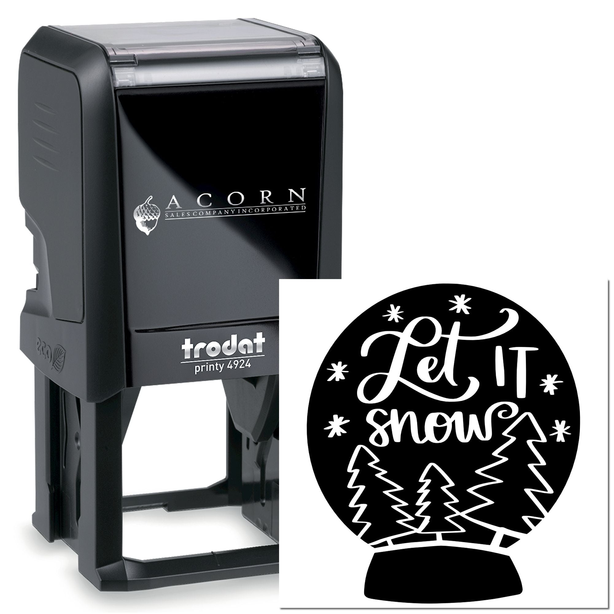 Trodat Printy 4924 self-inking rubber stamp with custom Let It Snow snow globe design for holiday crafts and branding