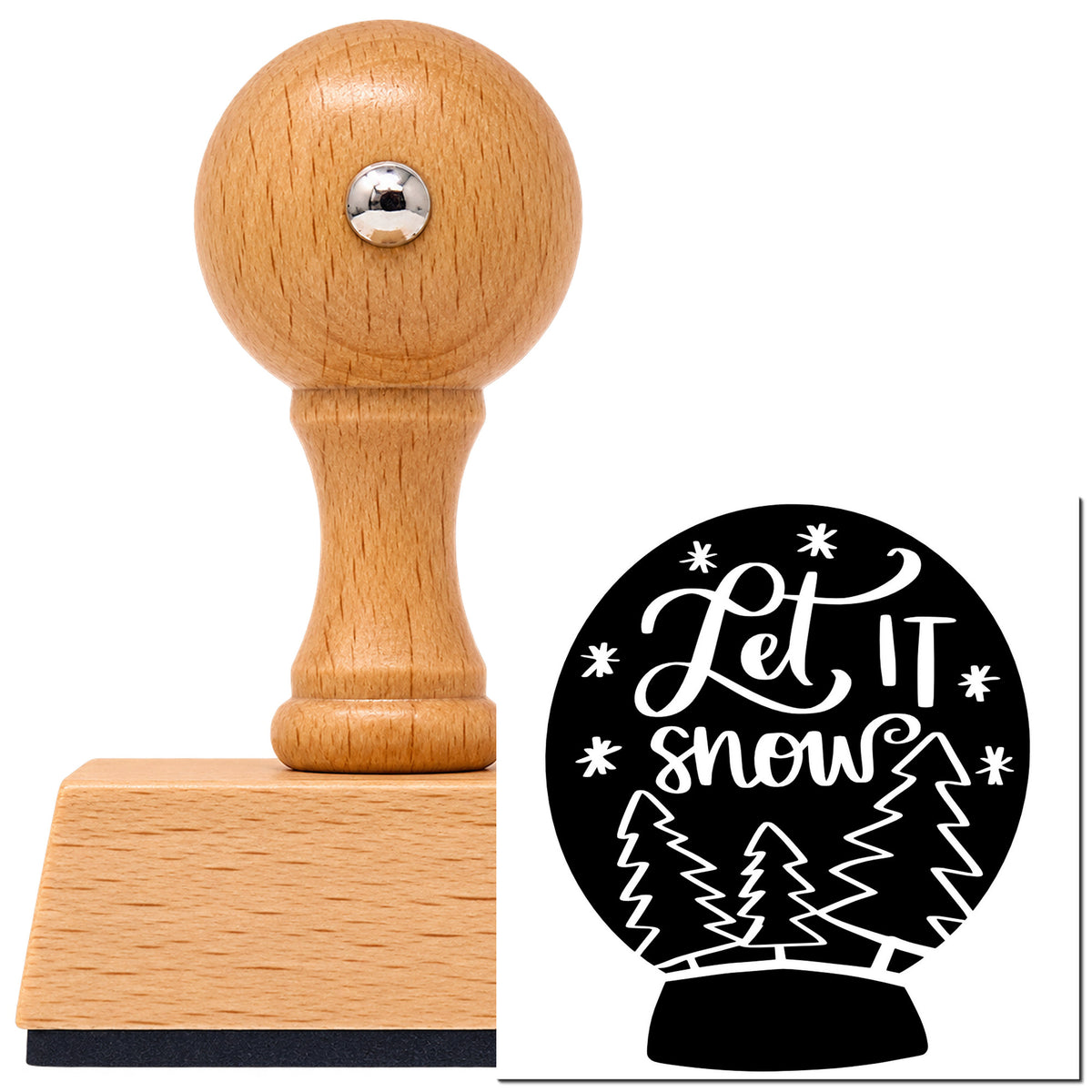 Snow Globe With Let It Snow Vintage Pro rubber stamp in European beech wood with a round knob handle, shown beside its black imprint.