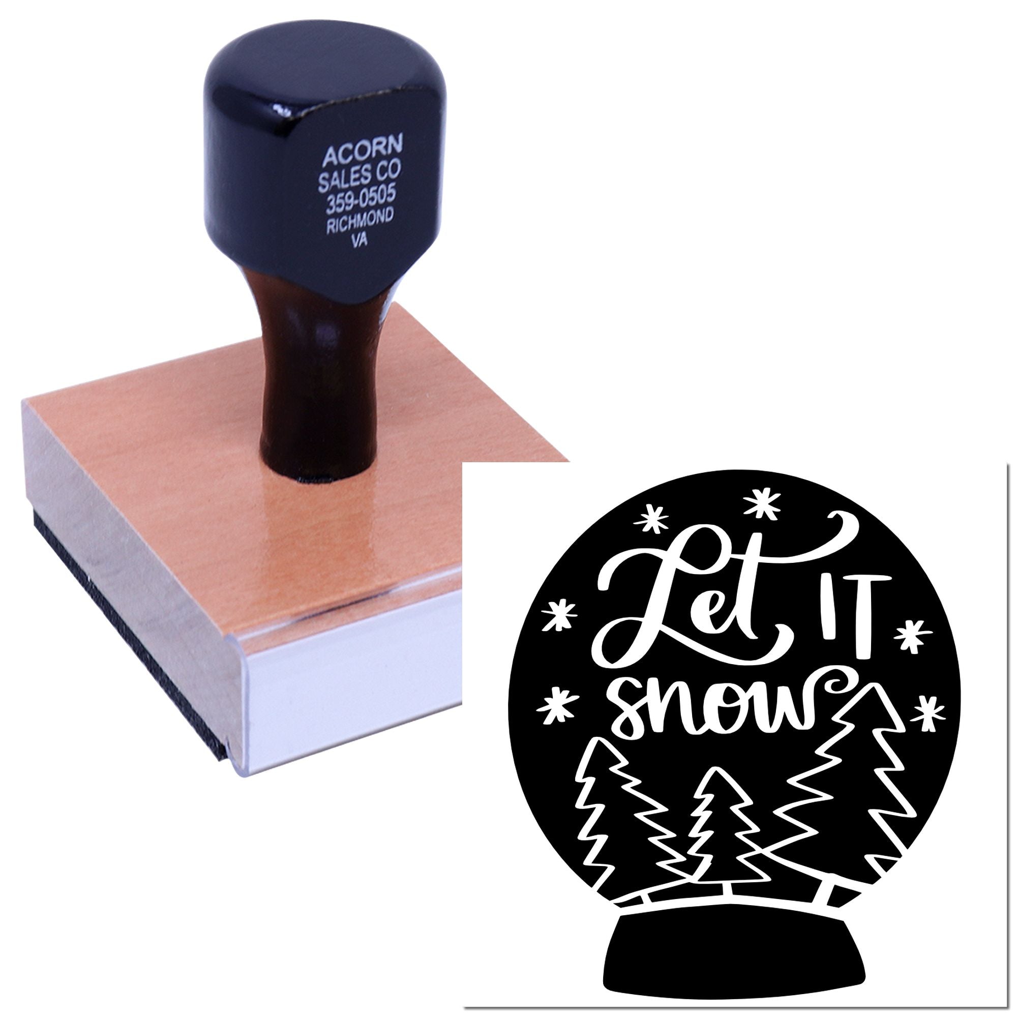 Custom rubber stamp featuring Let it Snow winter design and business imprint sample for holiday branding.