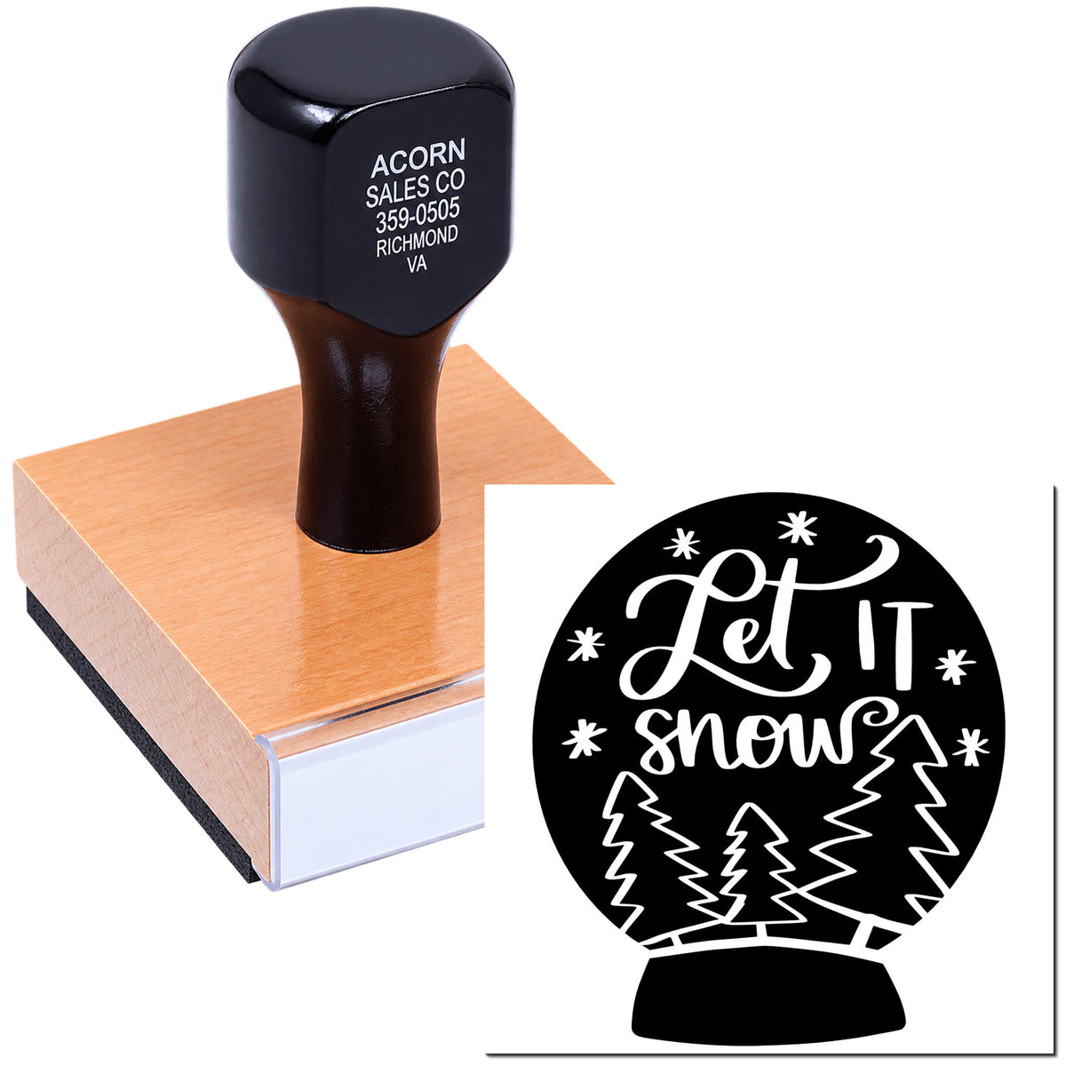 Custom rubber stamp featuring Let it Snow winter design and business imprint sample for holiday branding.
