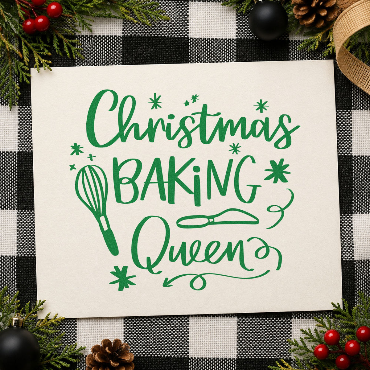 Christmas Baking Queen Whisk And Server Rubber Stamp – Wood Handle in use 3