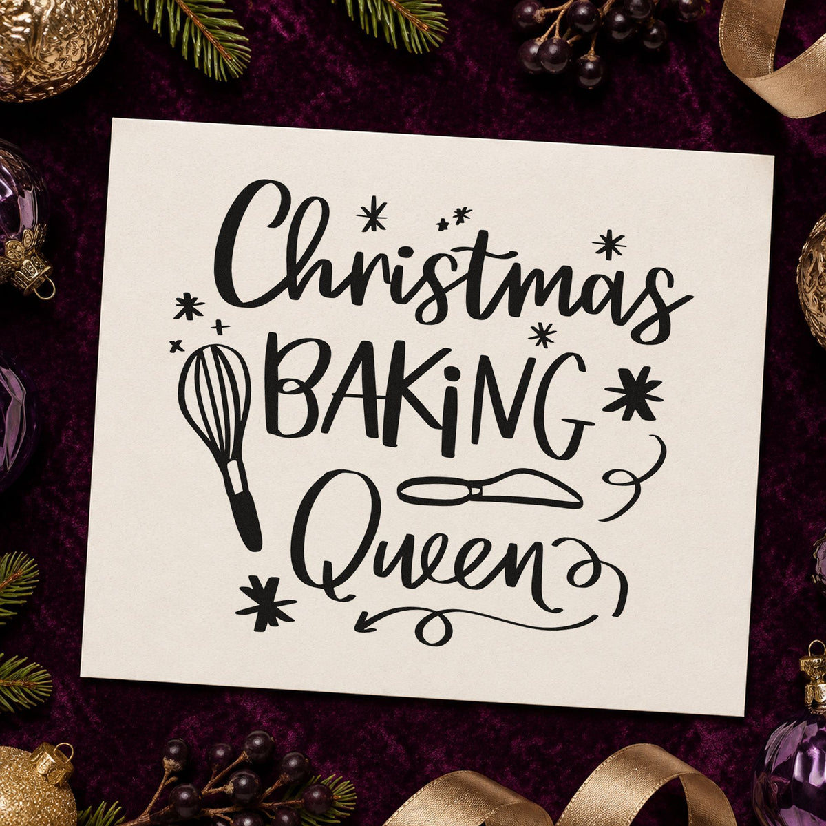 Christmas Baking Queen Whisk And Server Rubber Stamp – Wood Handle in use 9