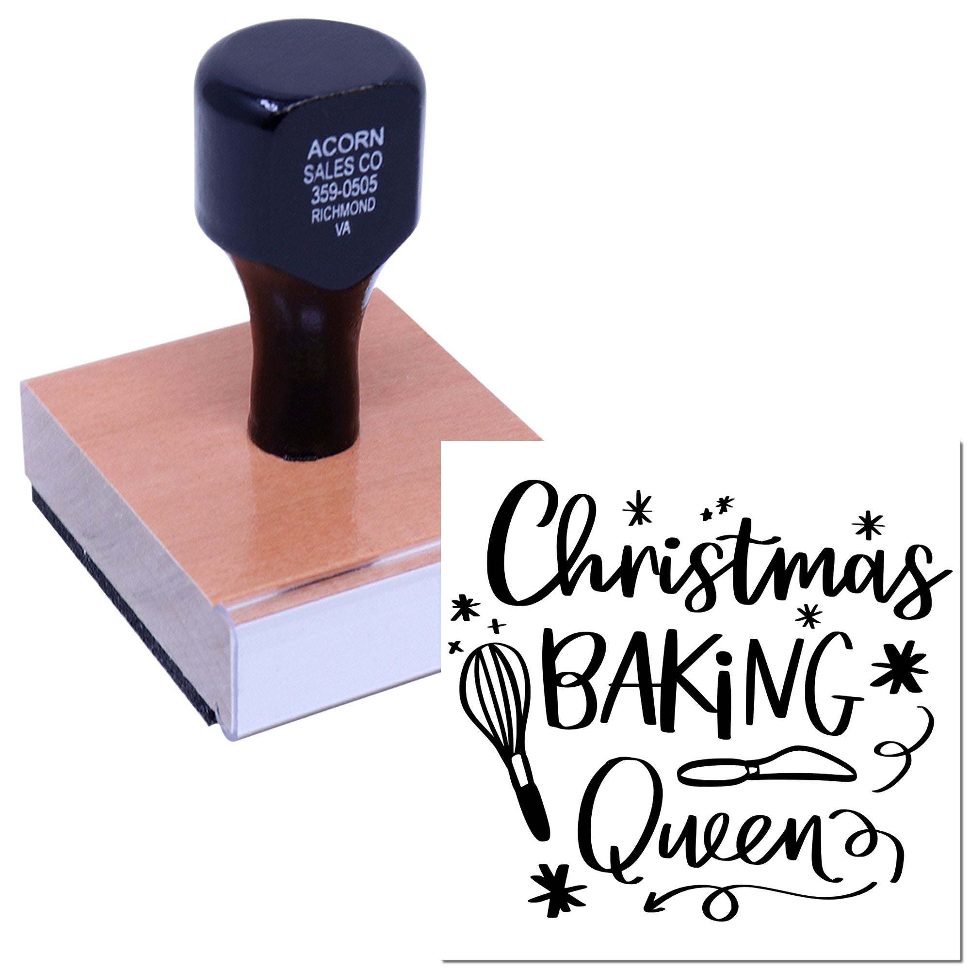 Custom Christmas Baking Queen rubber stamp with festive baking design for holiday cards, gift tags, and cookie packaging.