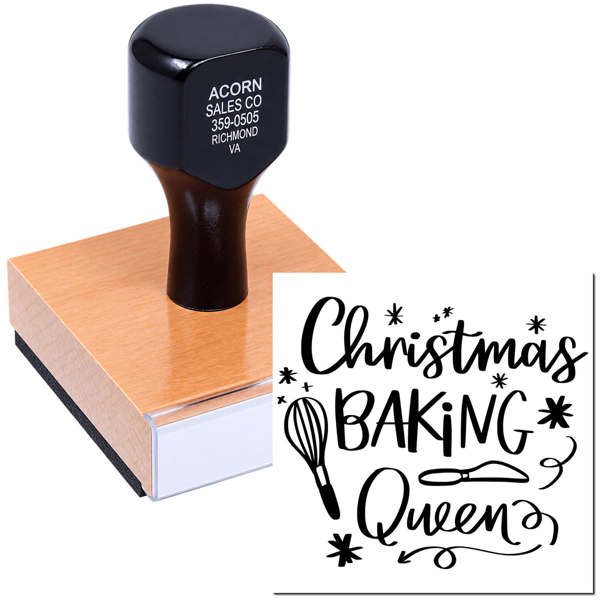 Custom Christmas Baking Queen rubber stamp with festive baking design for holiday cards, gift tags, and cookie packaging.