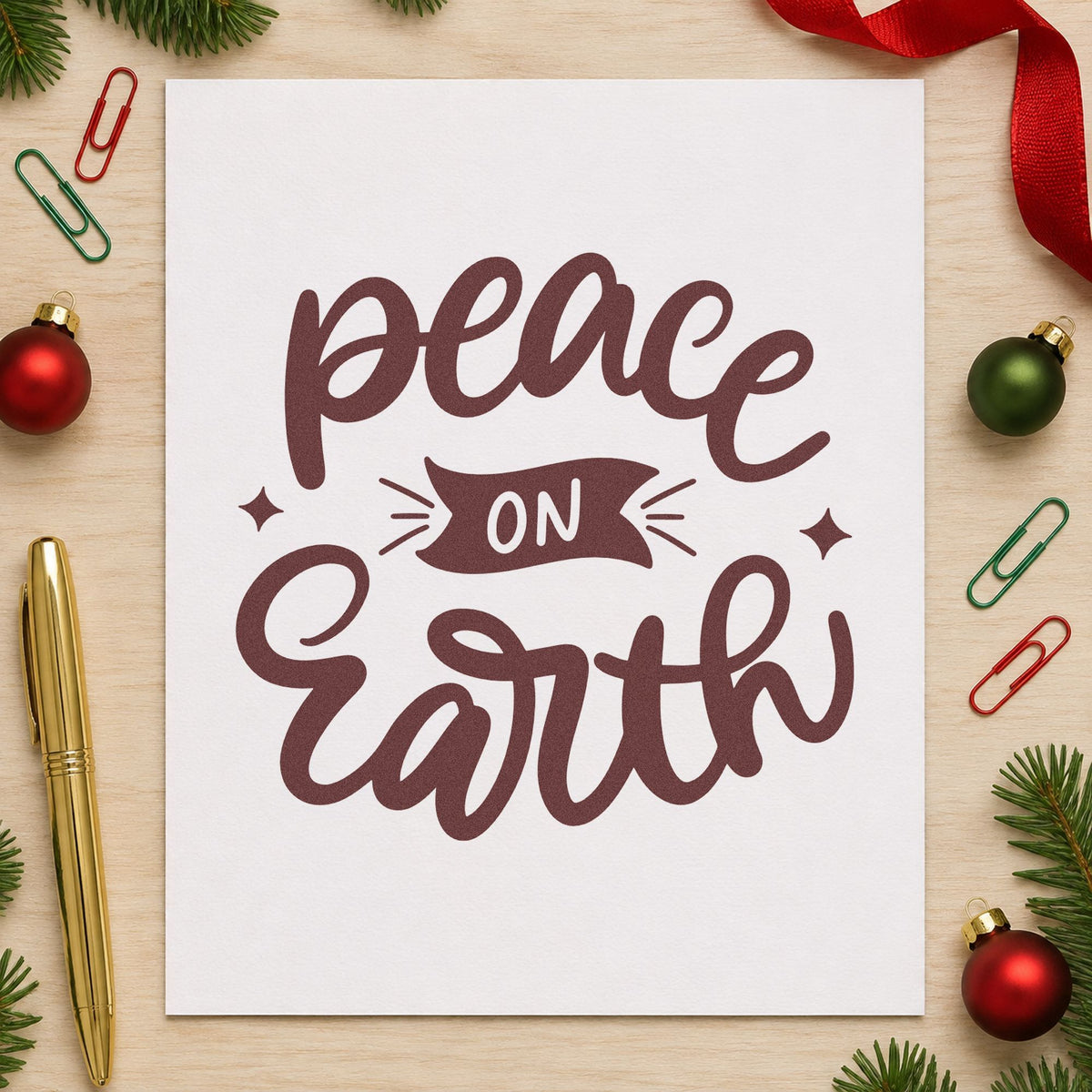 Peace On Earth Banner rubber stamp printed in brown ink, ready for gratitude list pages and similar paper crafts.