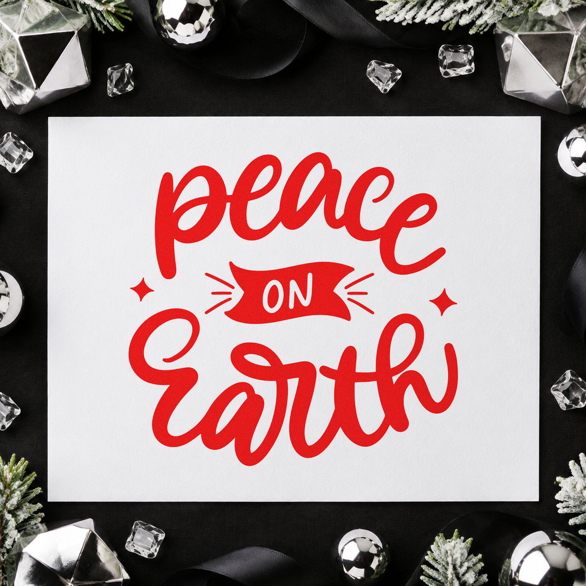 Peace On Earth Banner rubber stamp shown in red ink, stamped for projects such as bulletin insert seals.