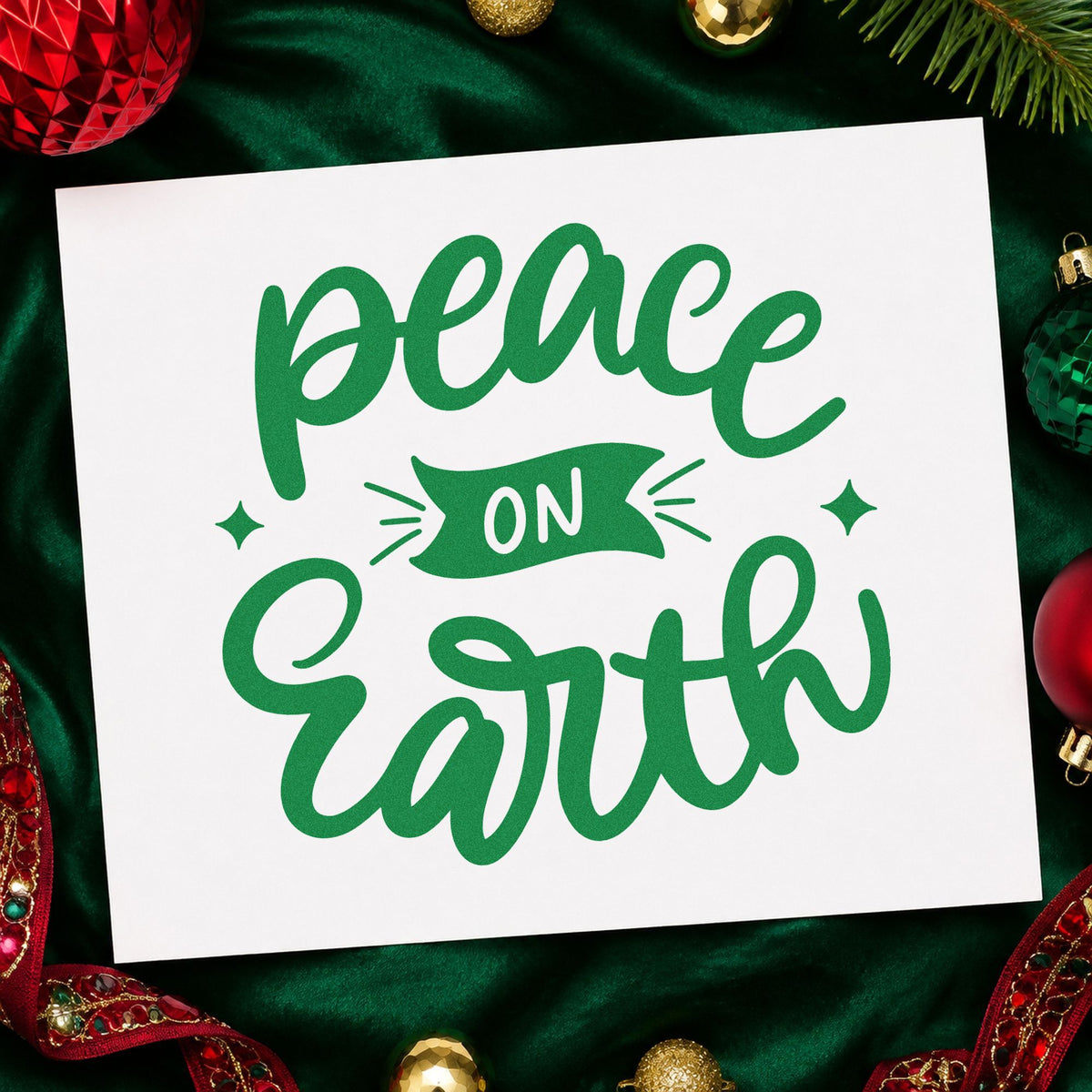 Peace On Earth Banner craft stamp imprint in green ink on a handmade project, one idea being vigil candle cards.