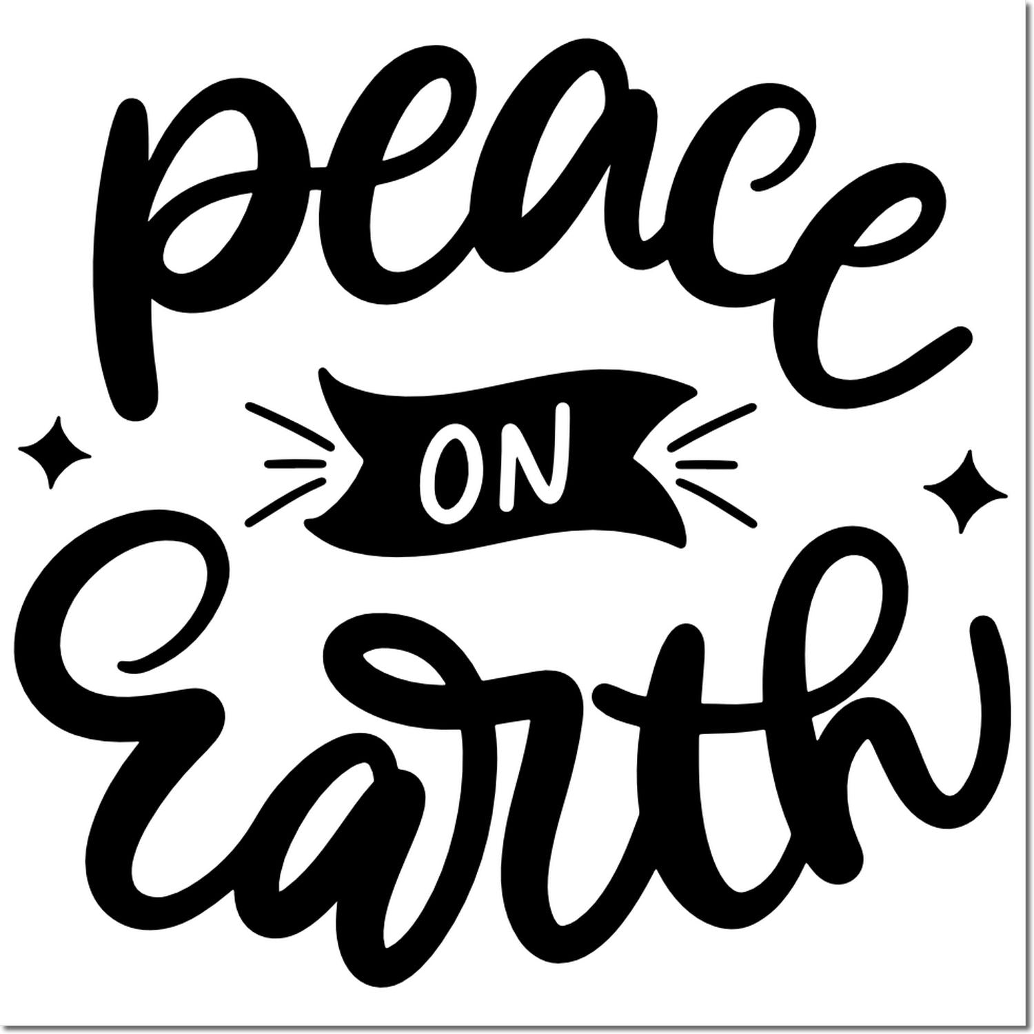 Peace on Earth rubber stamp design with bold script lettering and decorative stars for holiday crafts.
