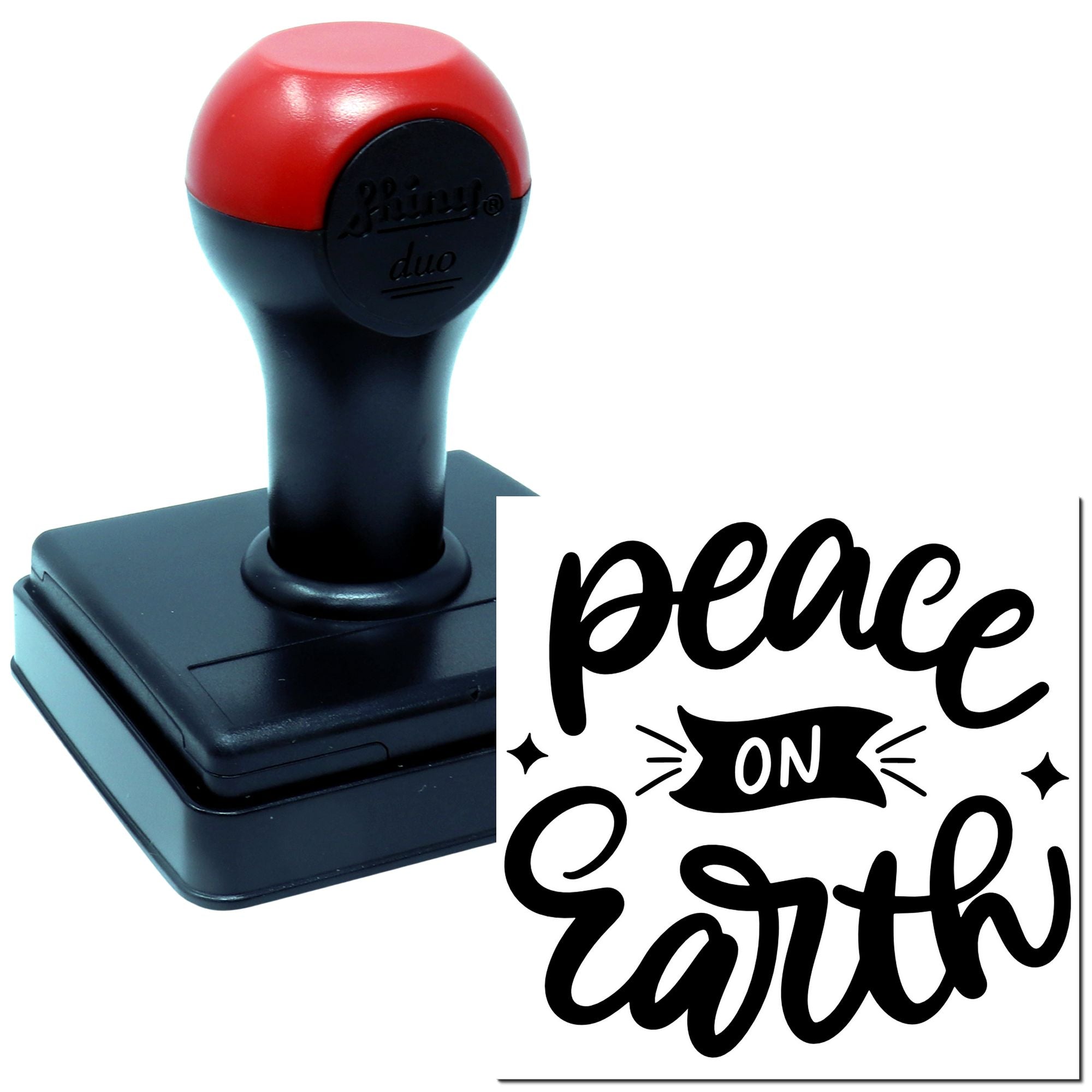 Self-inking rubber stamp with peace on earth design, ideal for crafting, holiday cards, and custom stamping.