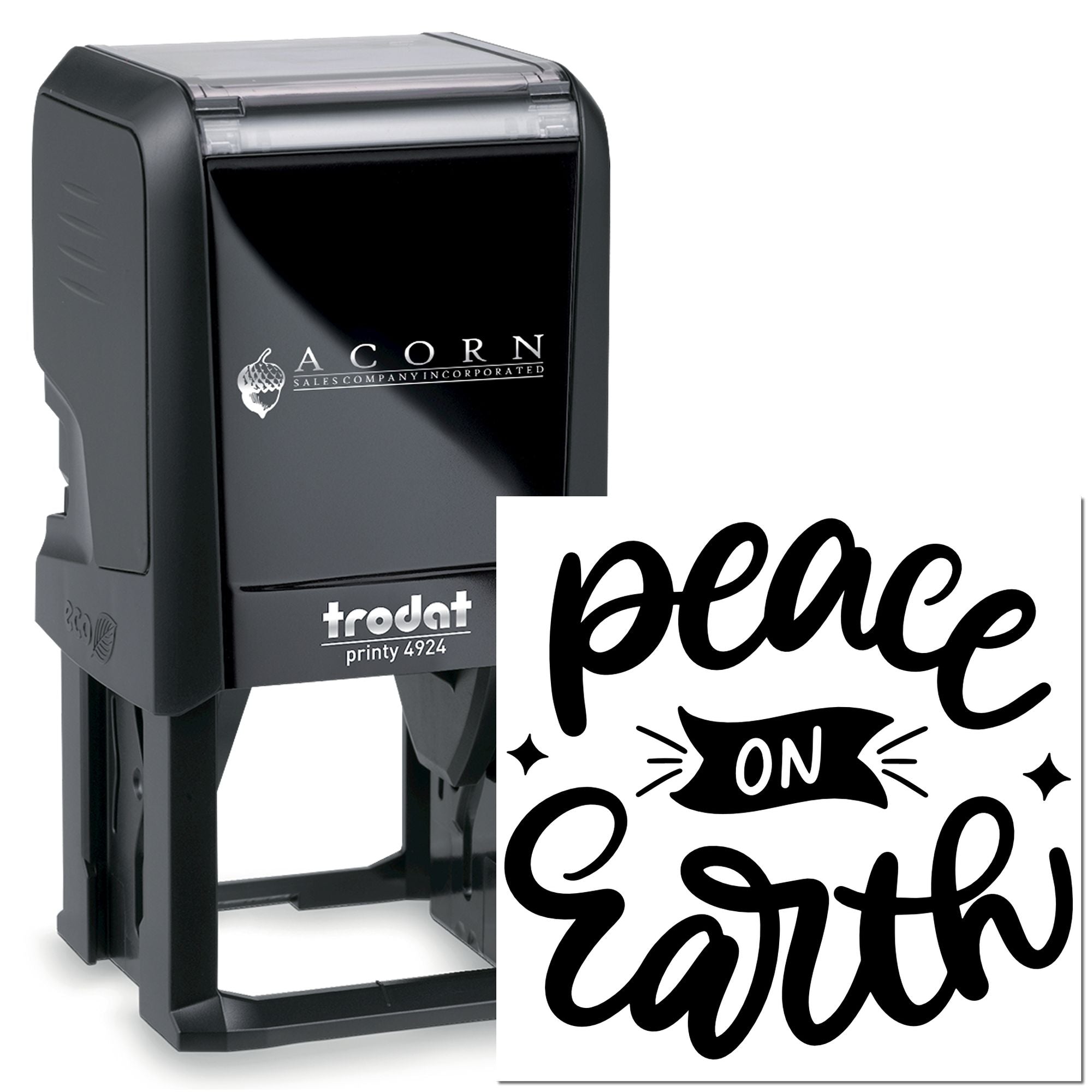 Trodat Printy 4924 self-inking rubber stamp with custom Peace on Earth design for personalized business branding.
