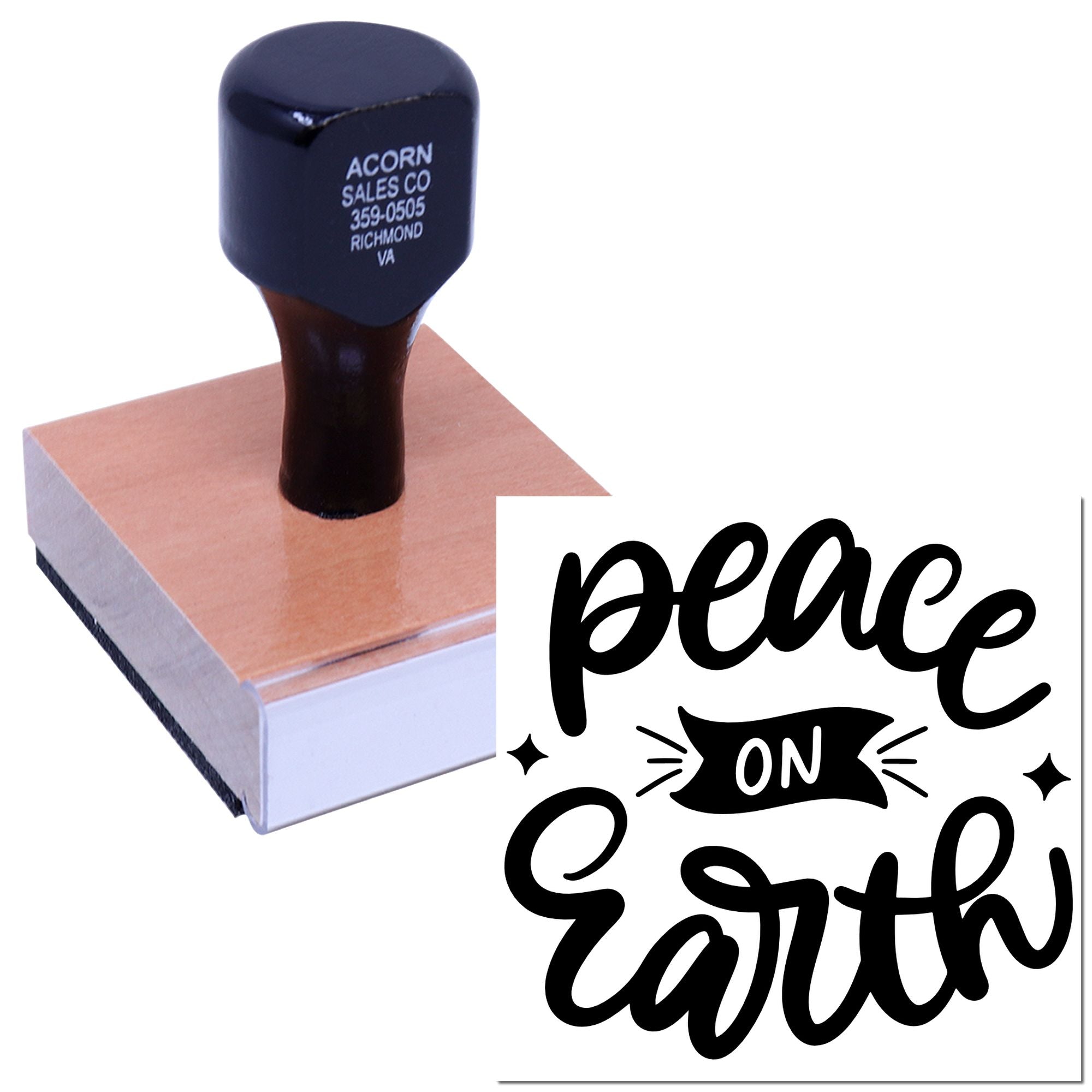 Custom Peace on Earth rubber stamp for holiday cards, gift tags, and festive packaging
